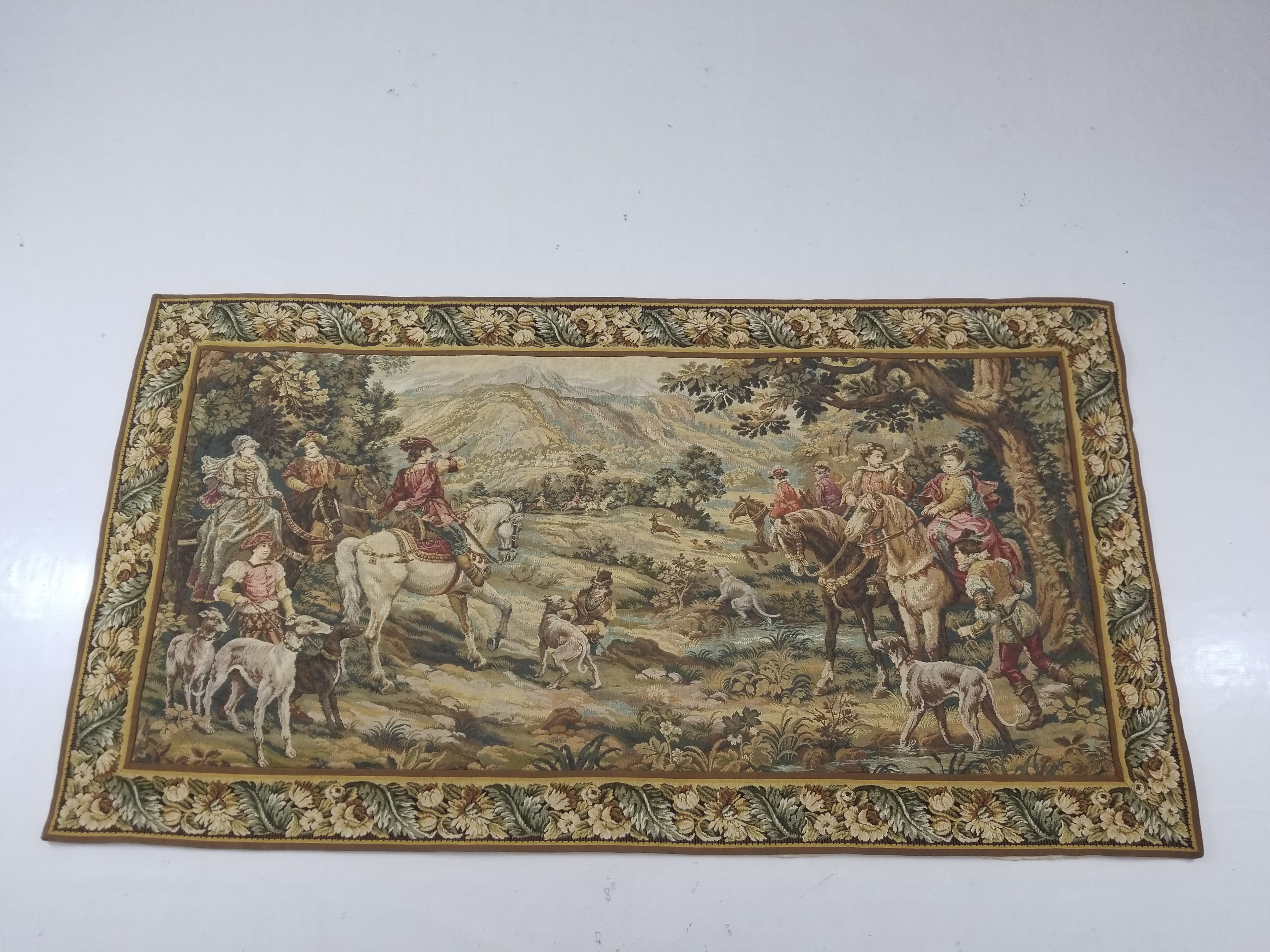 Vintage European Pictorial Hunting Scene Woven Wall Hanging Tapestry 200x108cm