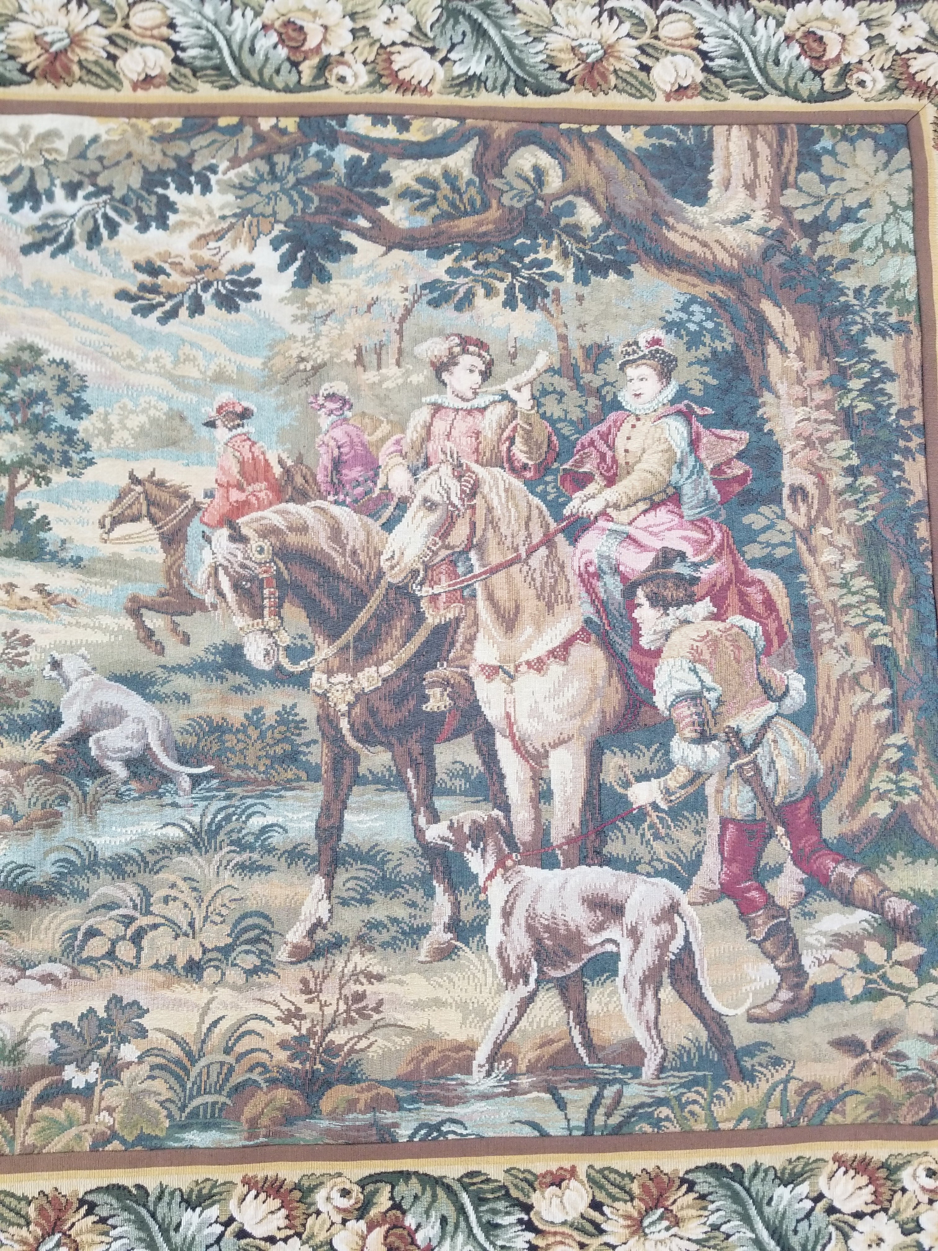 Vintage European Pictorial Hunting Scene Woven Wall Hanging Tapestry 200x108cm