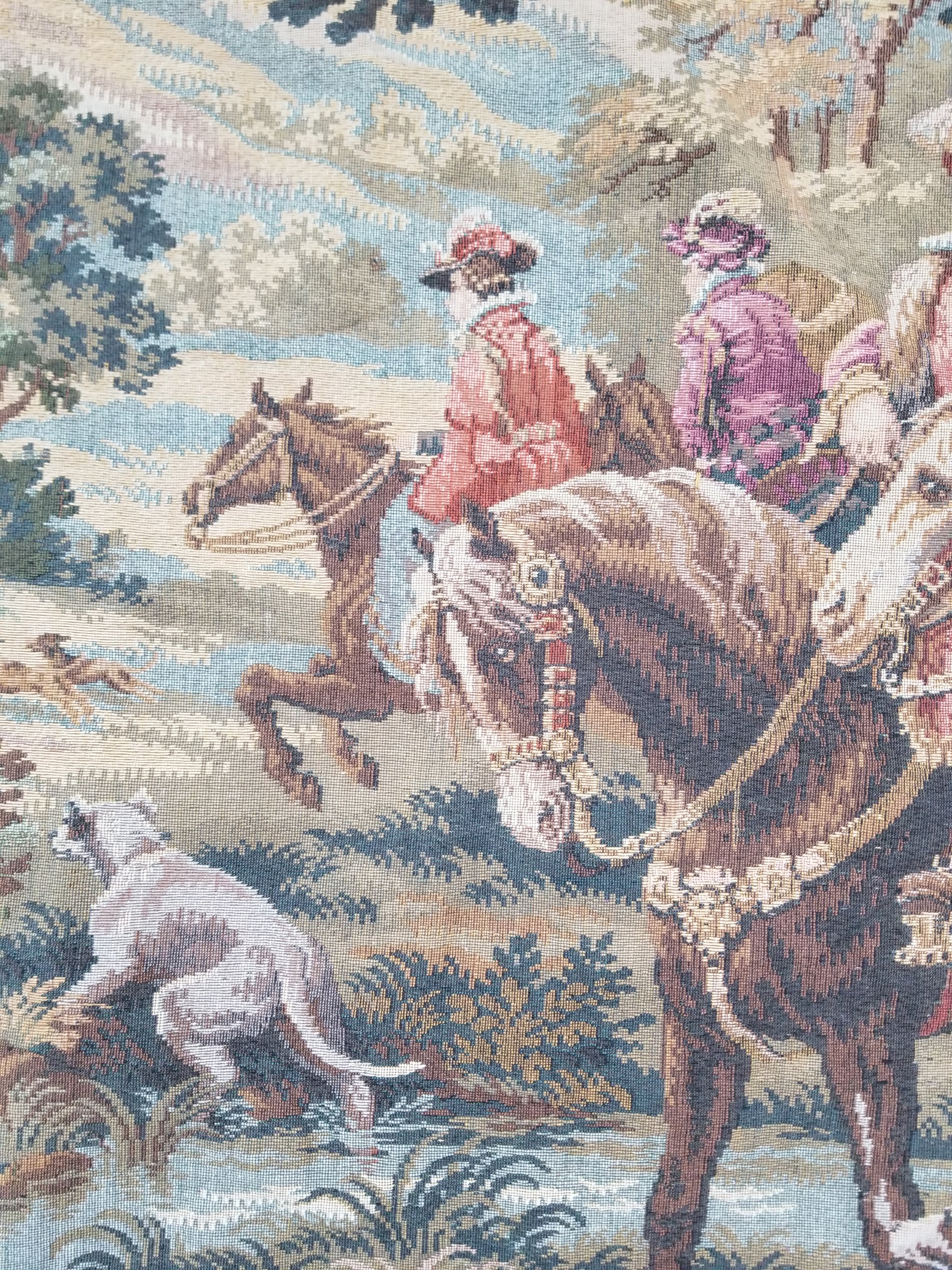 Vintage European Pictorial Hunting Scene Woven Wall Hanging Tapestry 200x108cm