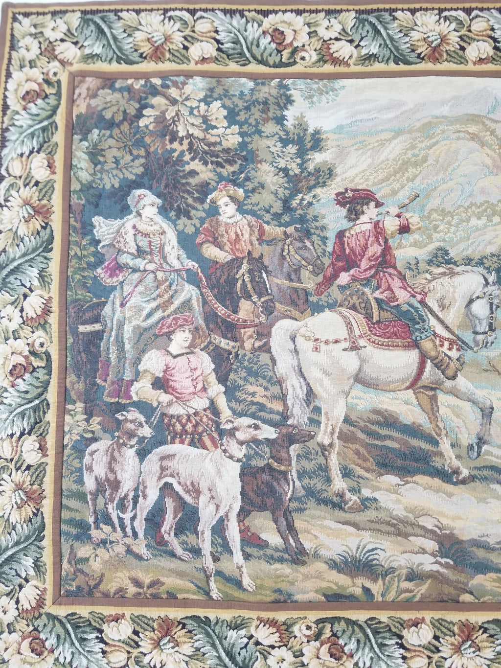 Vintage European Pictorial Hunting Scene Woven Wall Hanging Tapestry 200x108cm