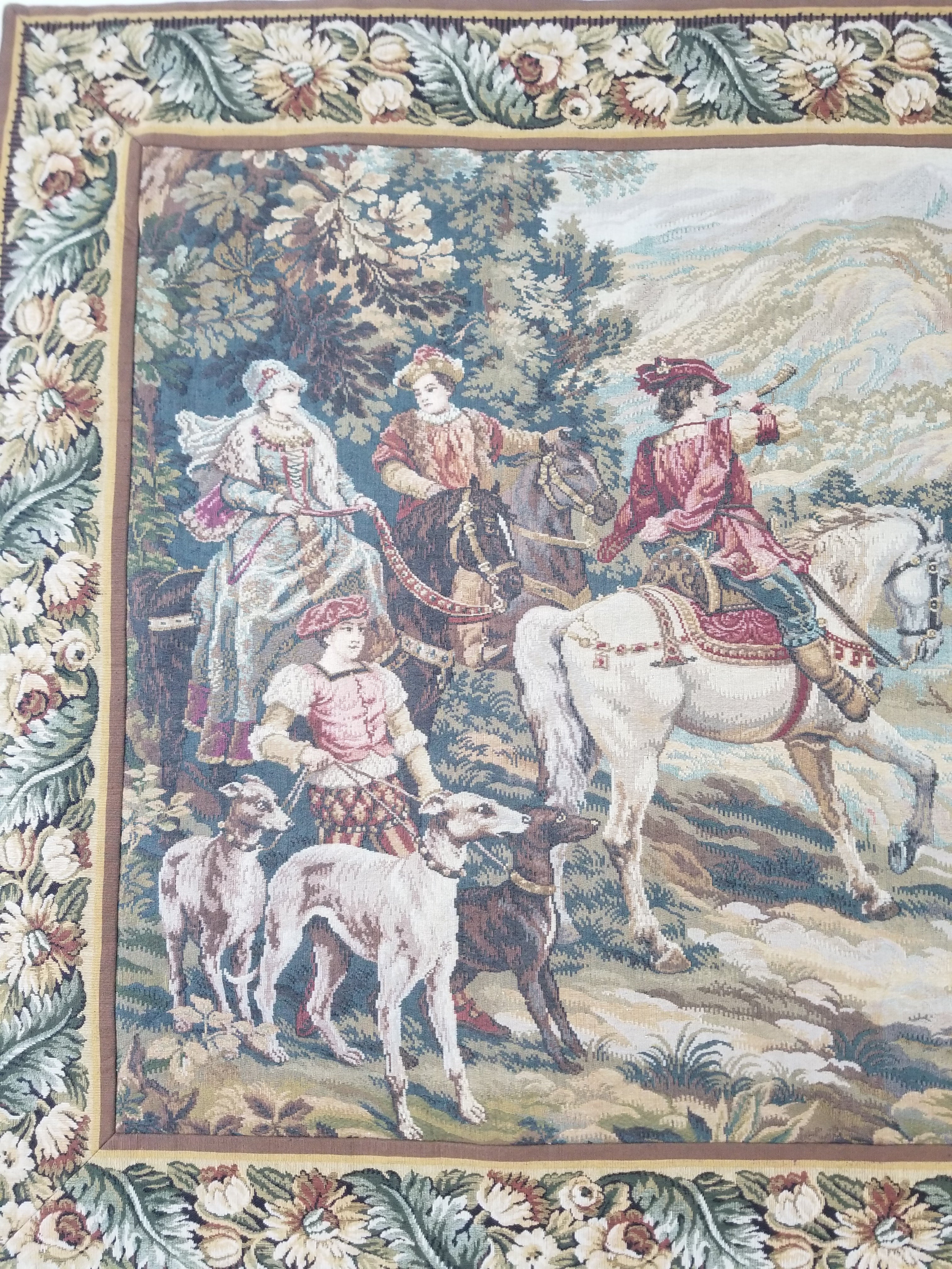 Vintage European Pictorial Hunting Scene Woven Wall Hanging Tapestry 200x108cm