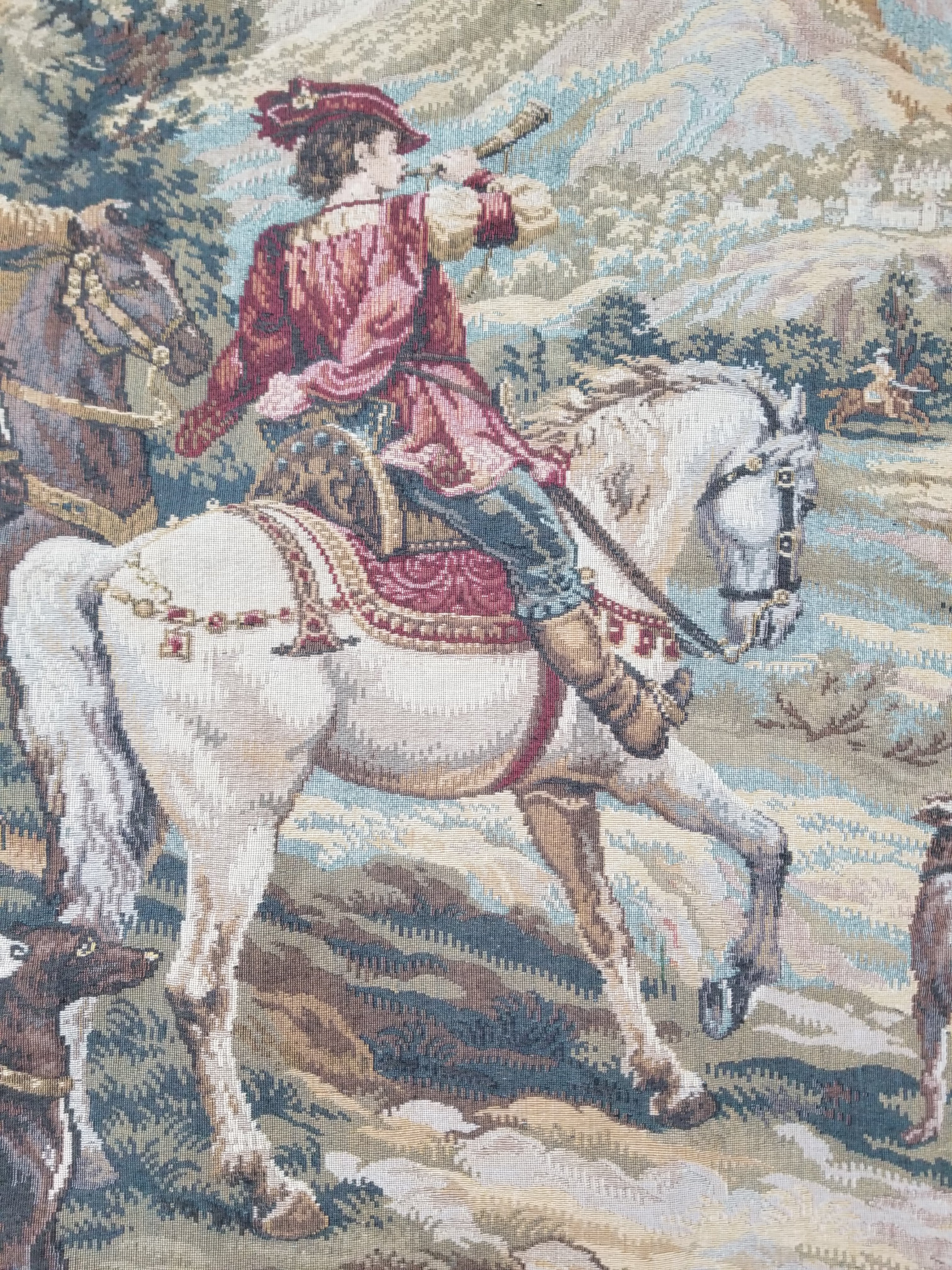 Vintage European Pictorial Hunting Scene Woven Wall Hanging Tapestry 200x108cm