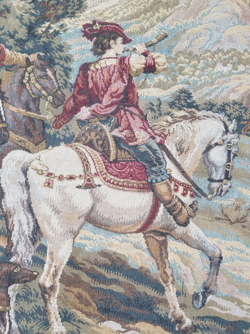 Vintage European Pictorial Hunting Scene Woven Wall Hanging Tapestry 200x108cm
