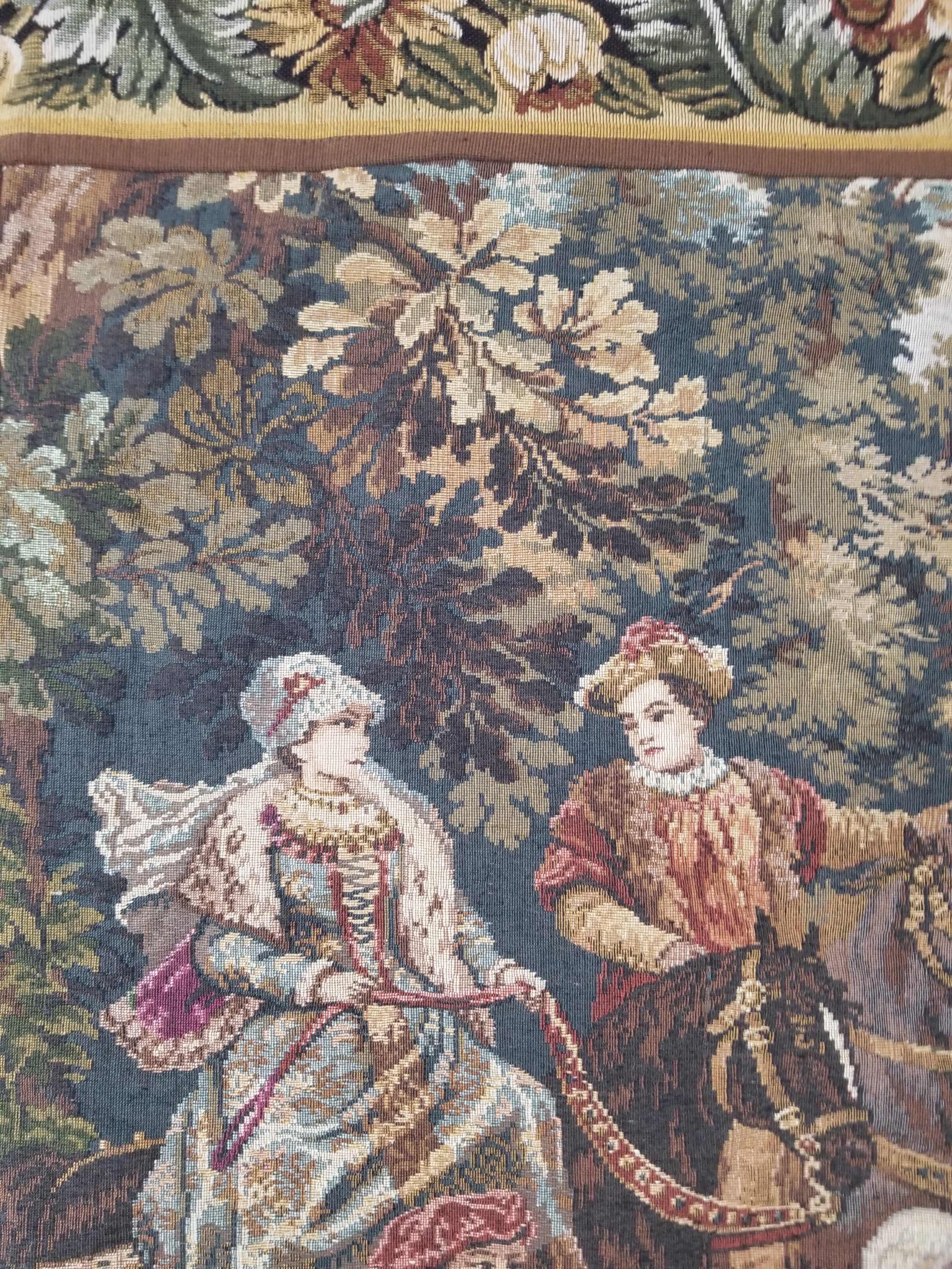 Vintage European Pictorial Hunting Scene Woven Wall Hanging Tapestry 200x108cm