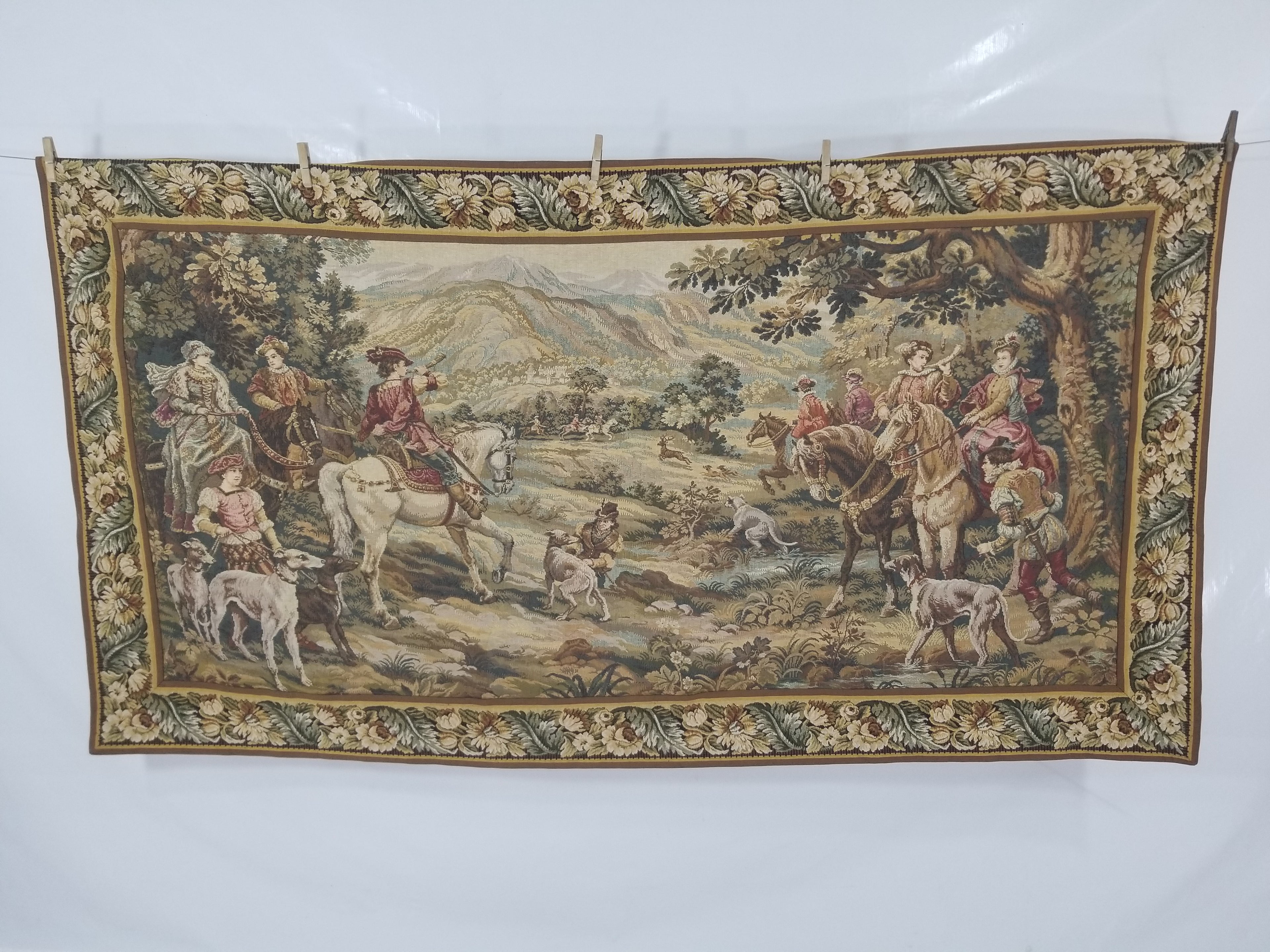 Vintage European Pictorial Hunting Scene Woven Wall Hanging Tapestry 200x108cm