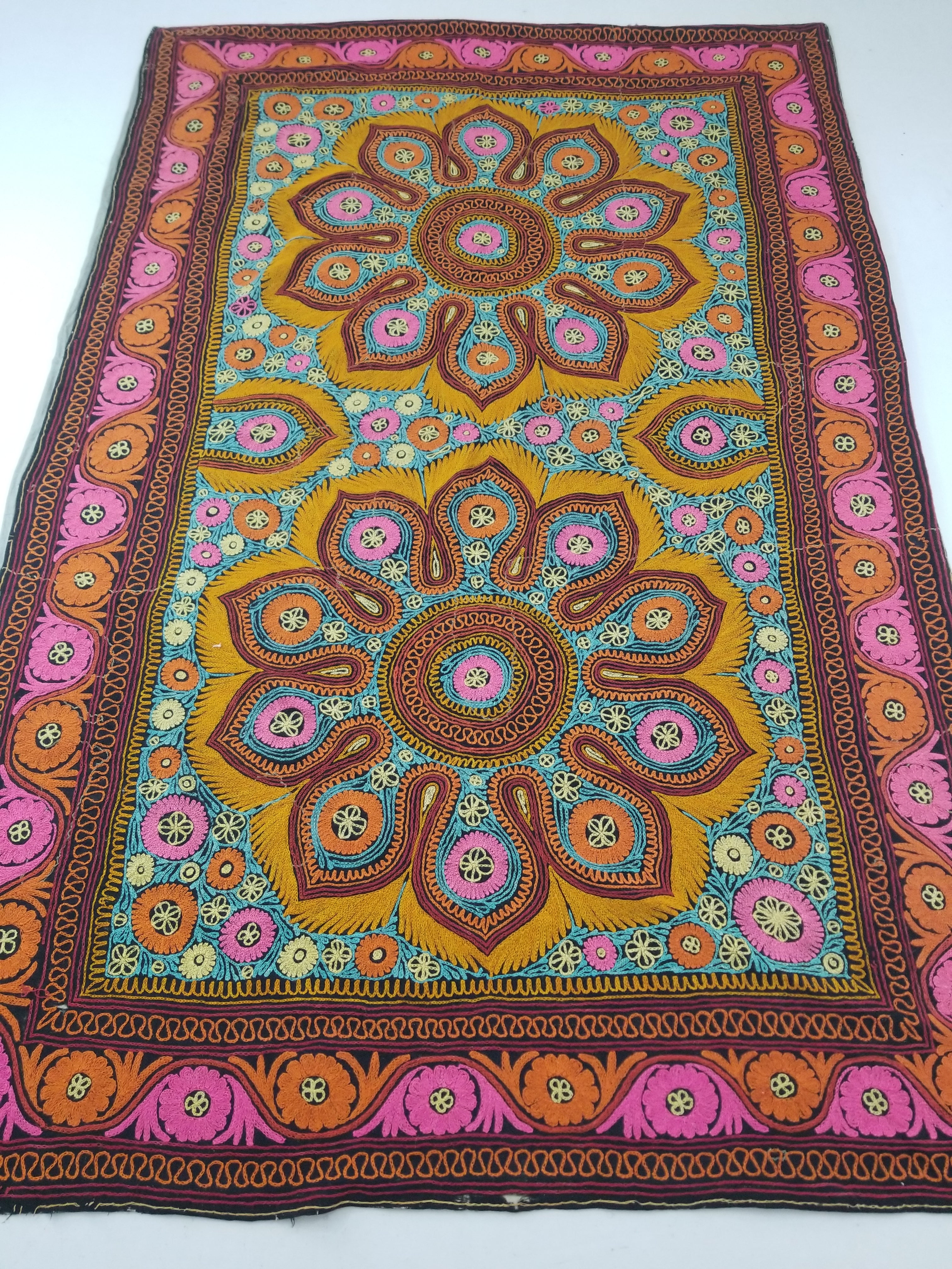 Vintage Kashmiri Fine Chain Stitch Embroidered Mandala Design Textile 260x170cm
