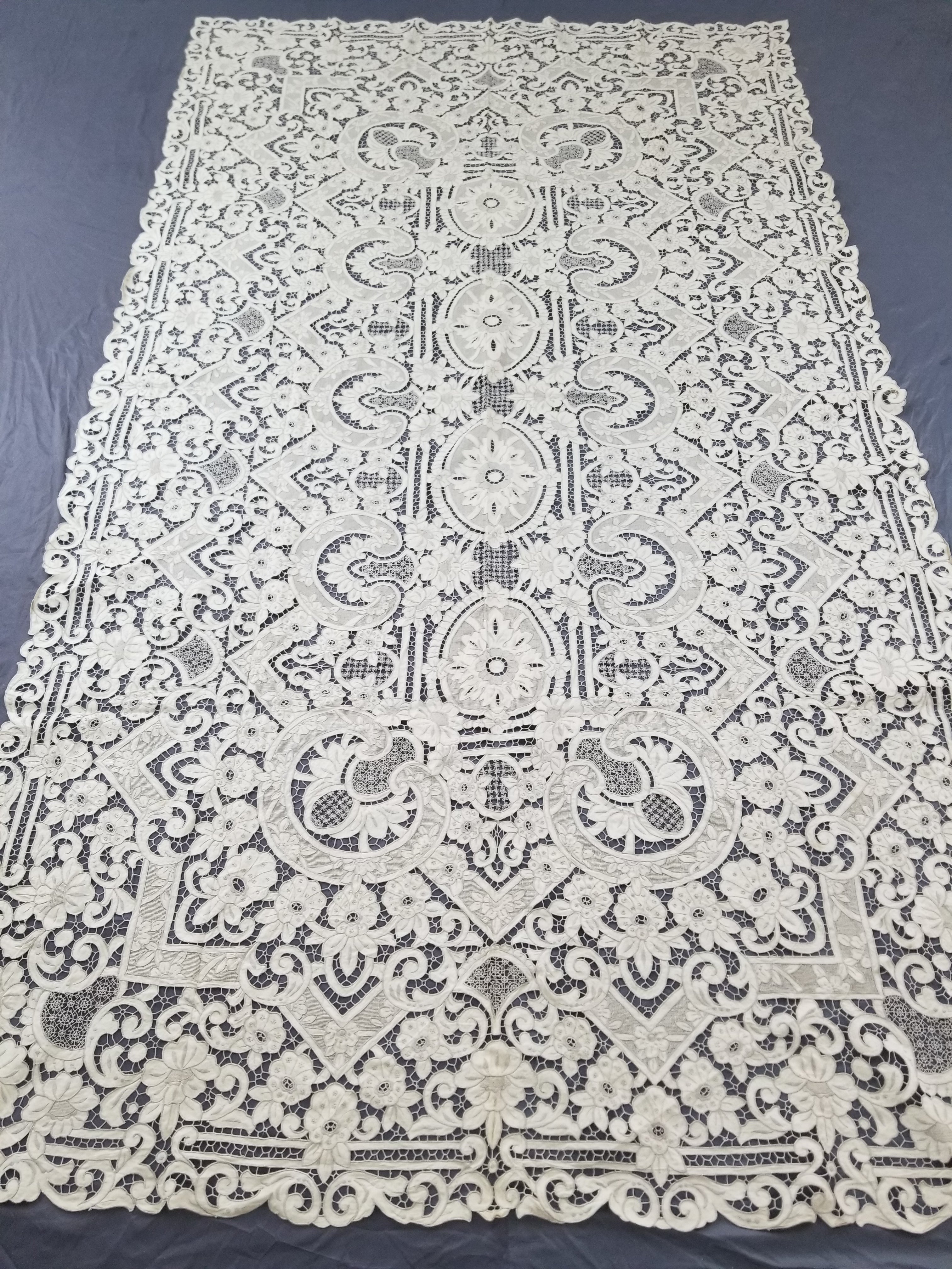 Vintage Madeira Hand Embroidered Cut Work Tablecloth 295x166cm