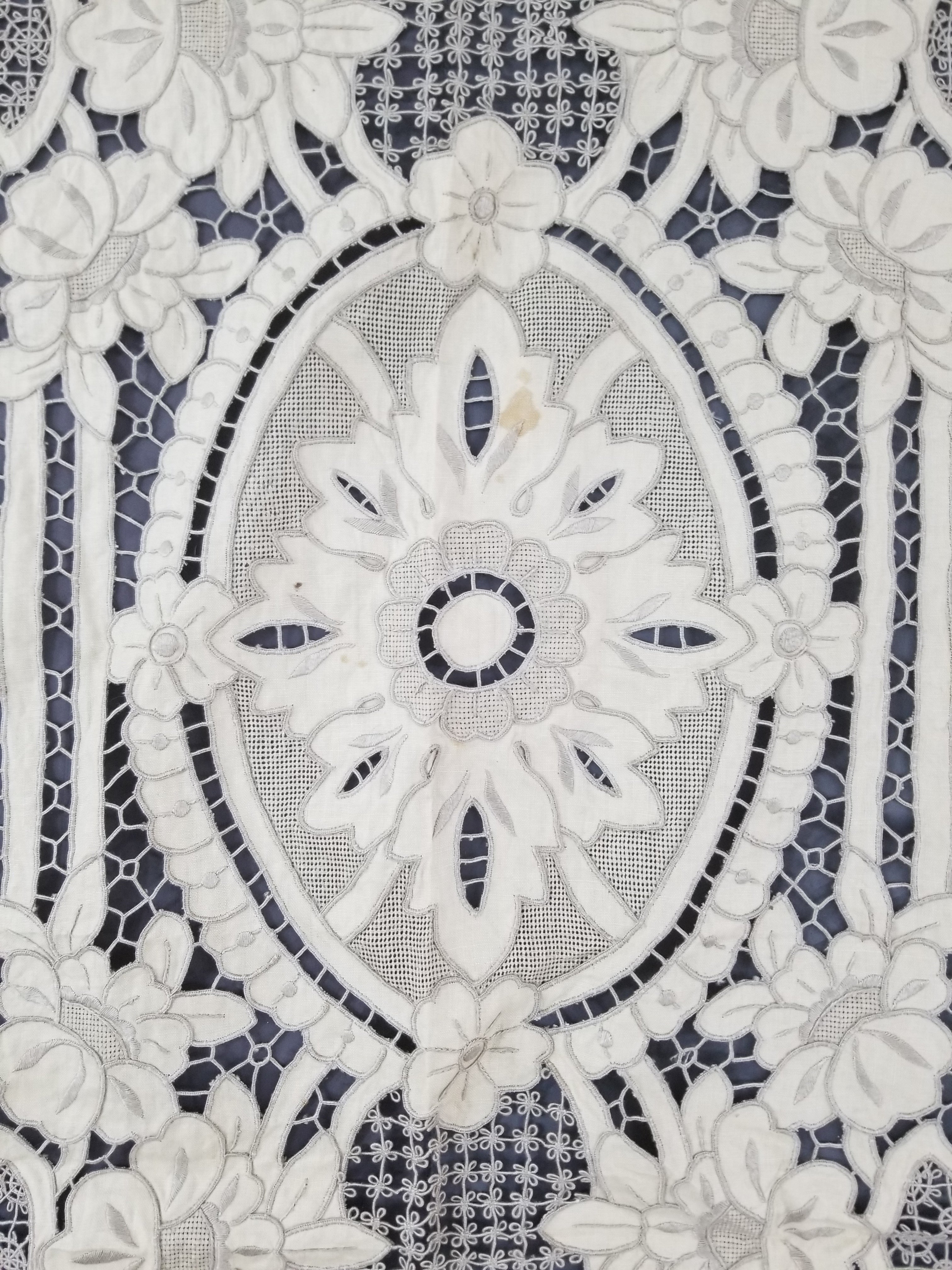 Vintage Madeira Hand Embroidered Cut Work Tablecloth 295x166cm