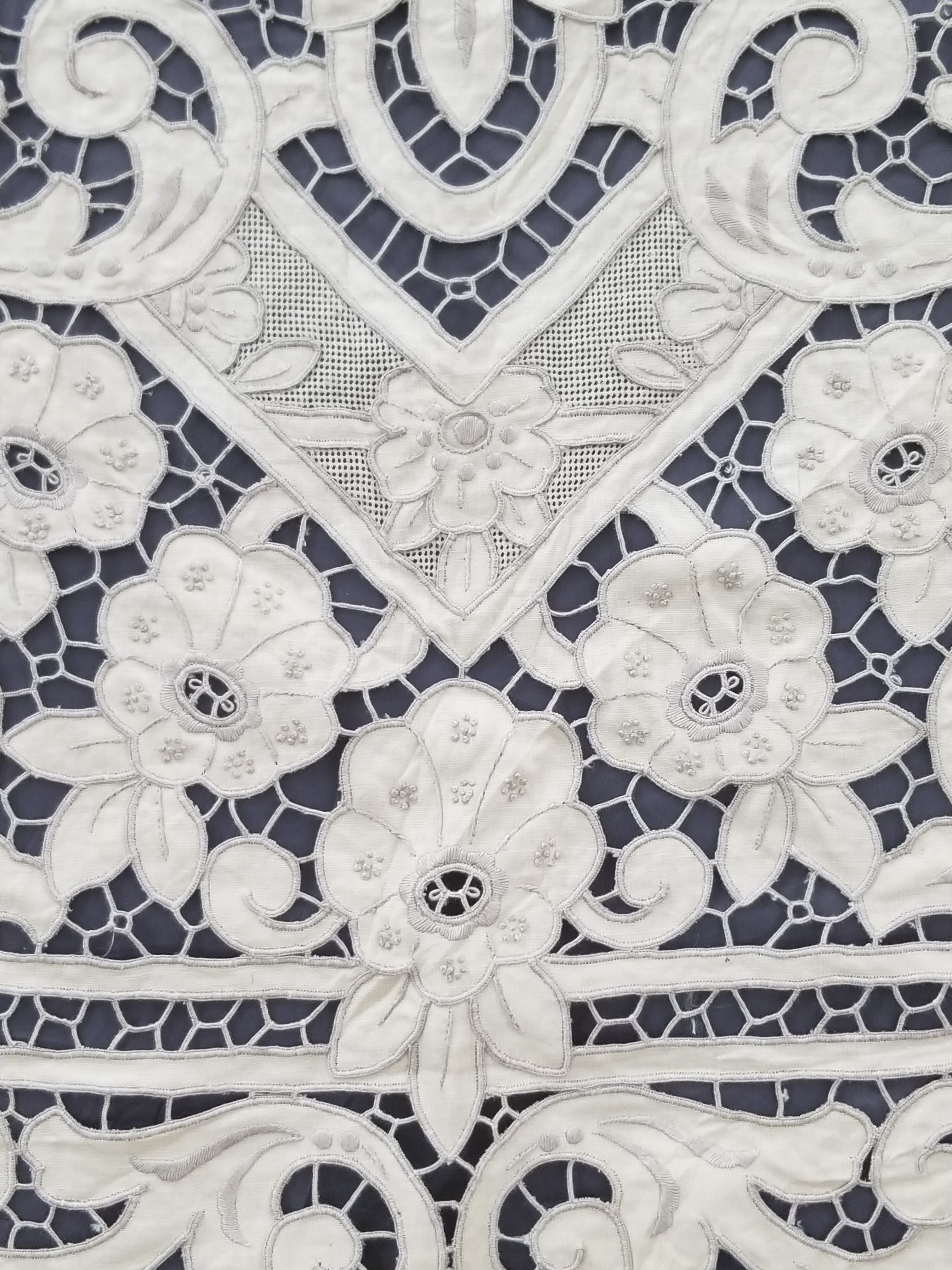 Vintage Madeira Hand Embroidered Cut Work Tablecloth 295x166cm