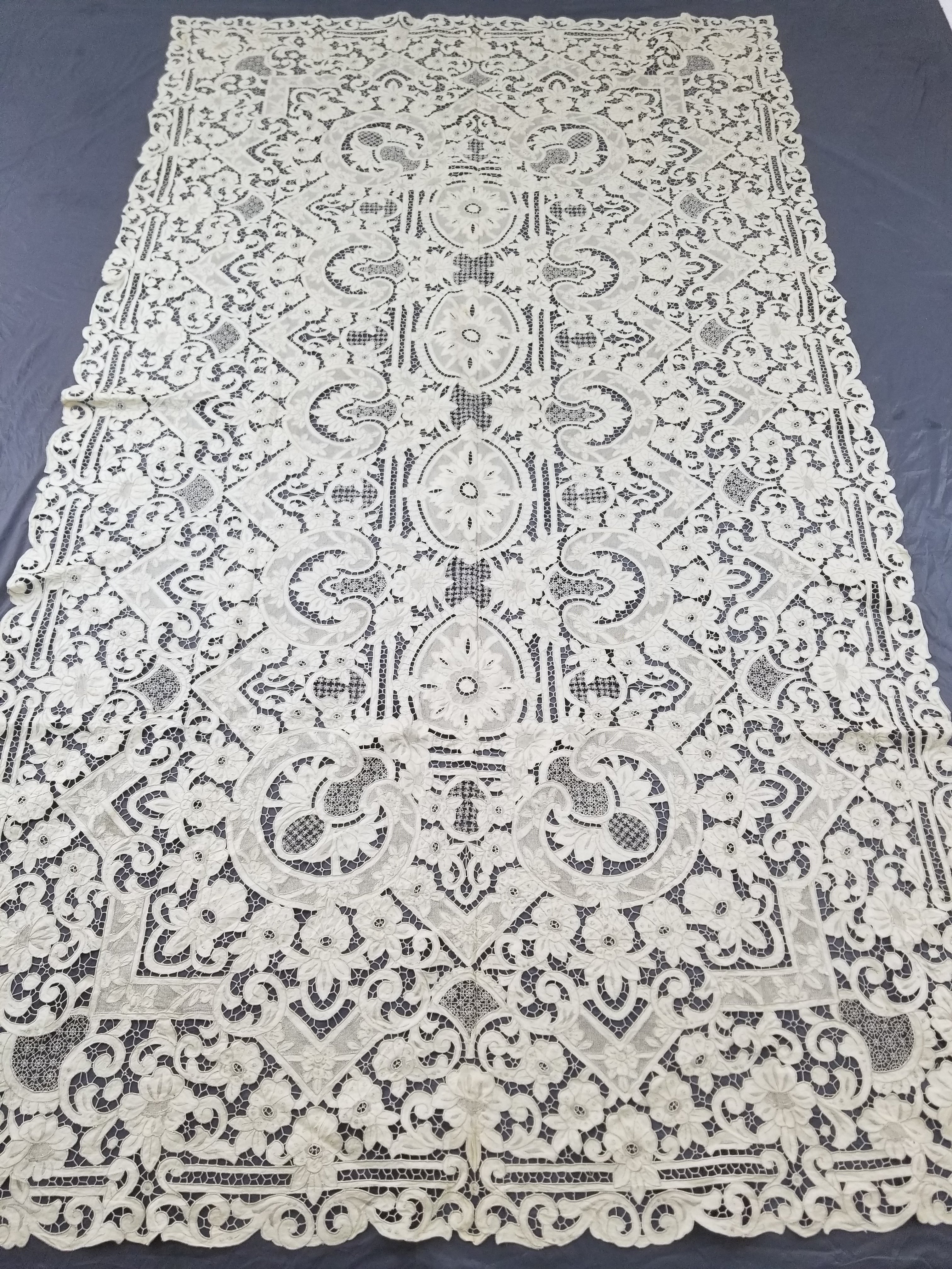 Vintage Madeira Hand Embroidered Cut Work Tablecloth 295x166cm