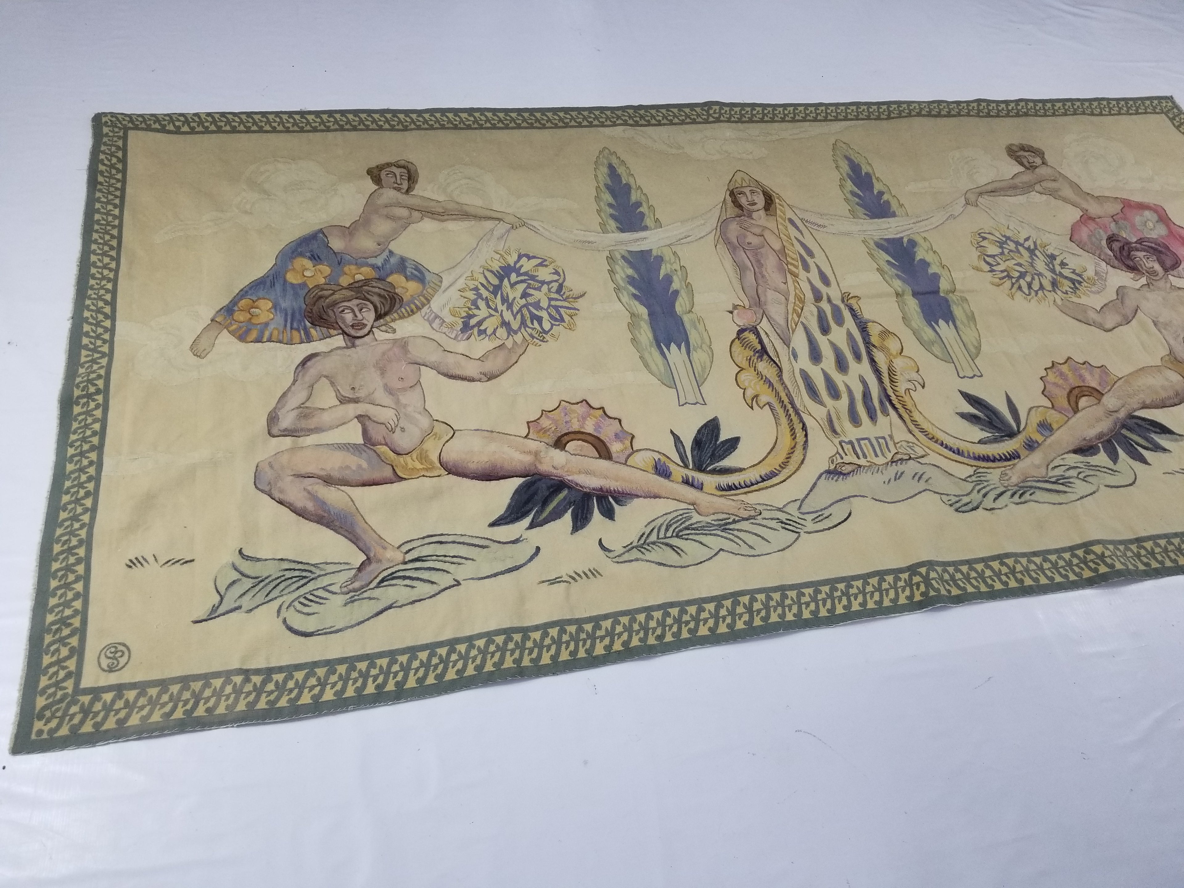 Antique 18thC French Aubusson Handwoven Wall Hanging Tapestry with Sign 192x145cm