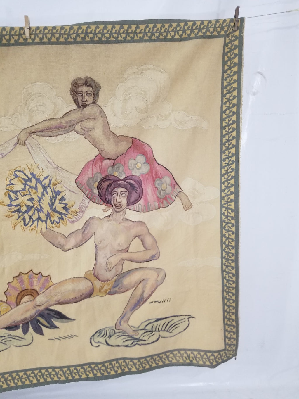 Antique 18thC French Aubusson Handwoven Wall Hanging Tapestry with Sign 192x145cm