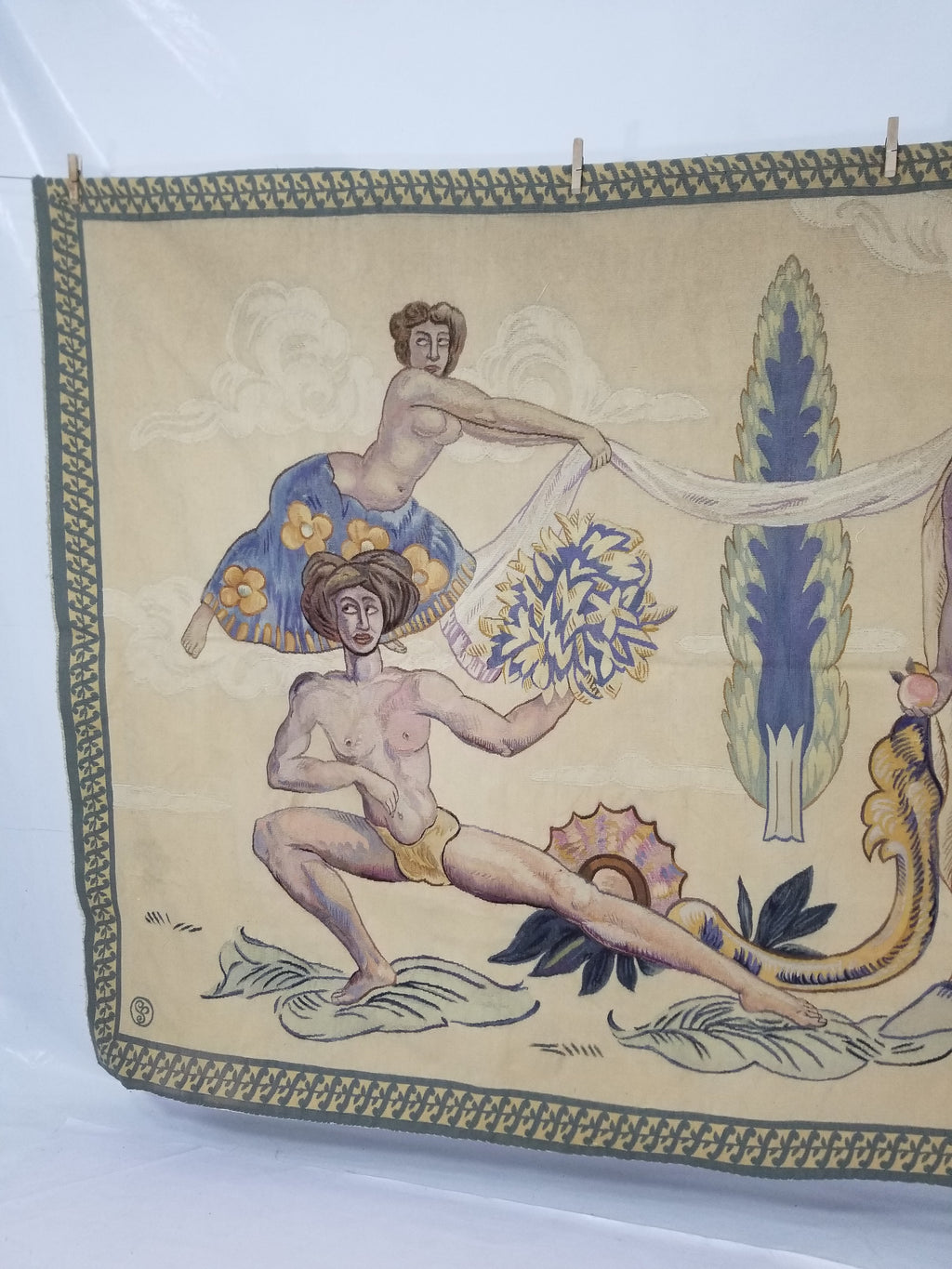 Antique 18thC French Aubusson Handwoven Wall Hanging Tapestry with Sign 192x145cm