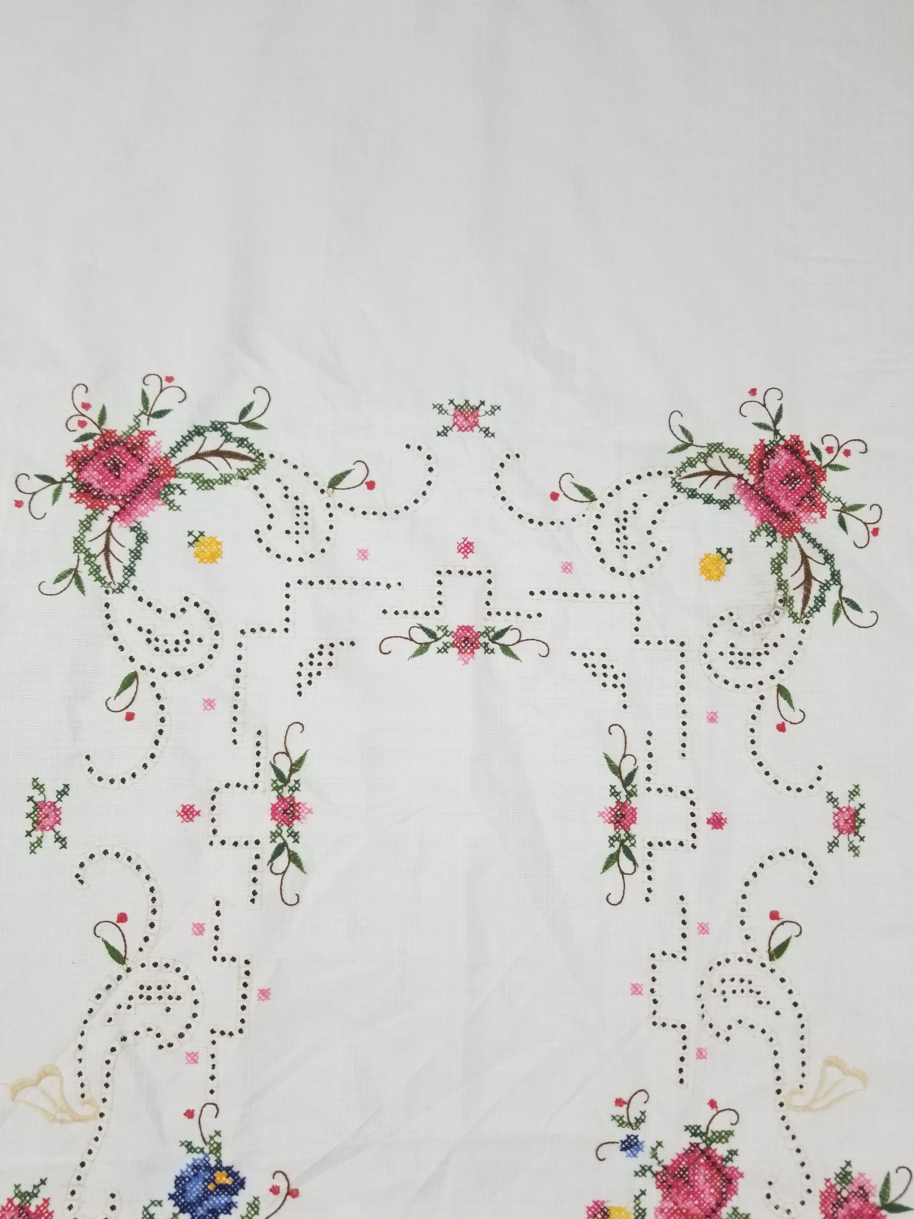 Vintage Beautiful Cross Stitch Hand Embroidered Floral Tablecloth 176x131cm