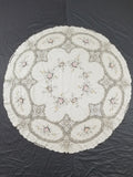 Antique Style Round Tablecloth - Hand Embroidery Roses & Crochet Details 164x158cm