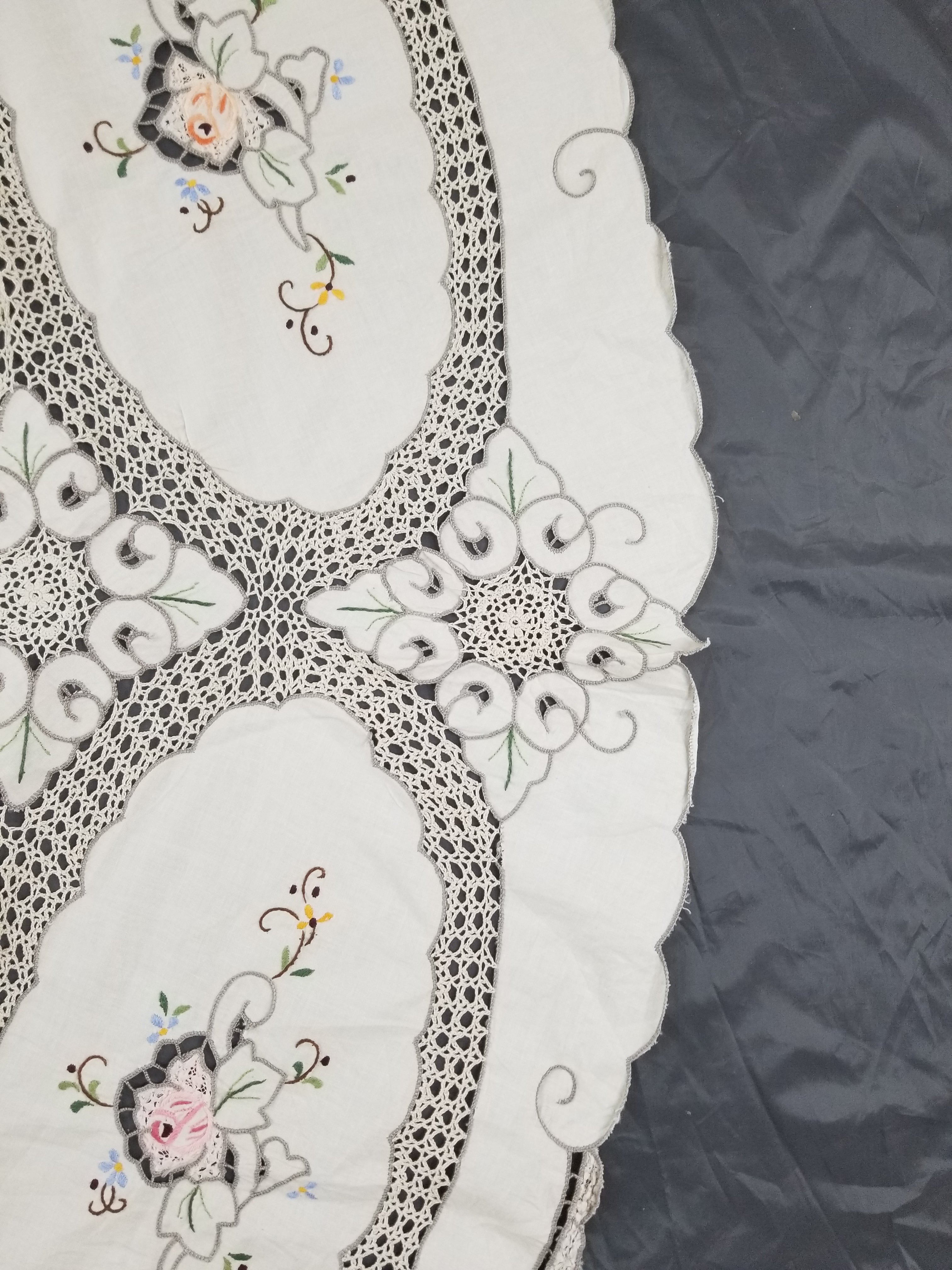 Antique Style Round Tablecloth - Hand Embroidery Roses & Crochet Details 164x158cm