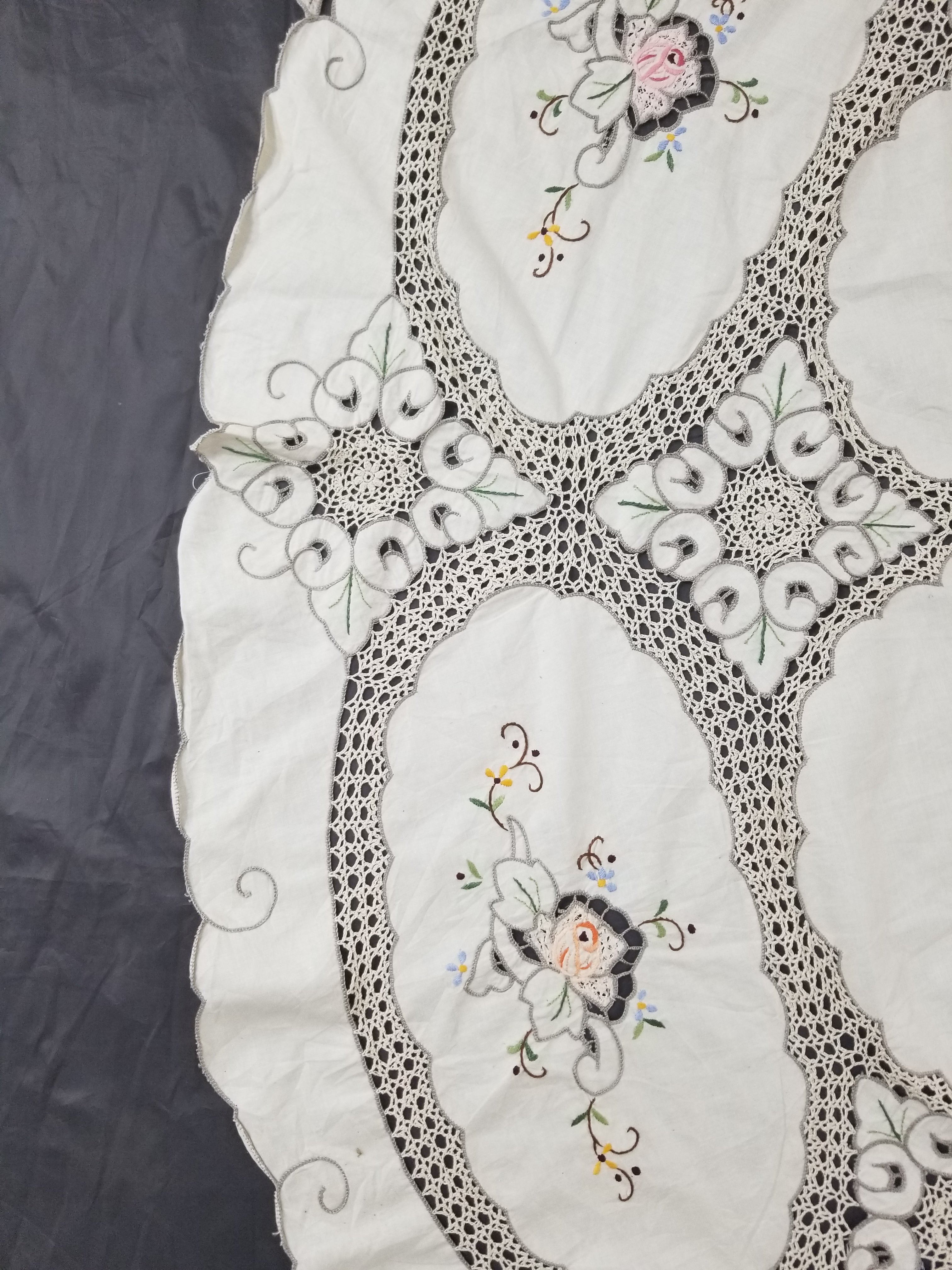 Antique Style Round Tablecloth - Hand Embroidery Roses & Crochet Details 164x158cm