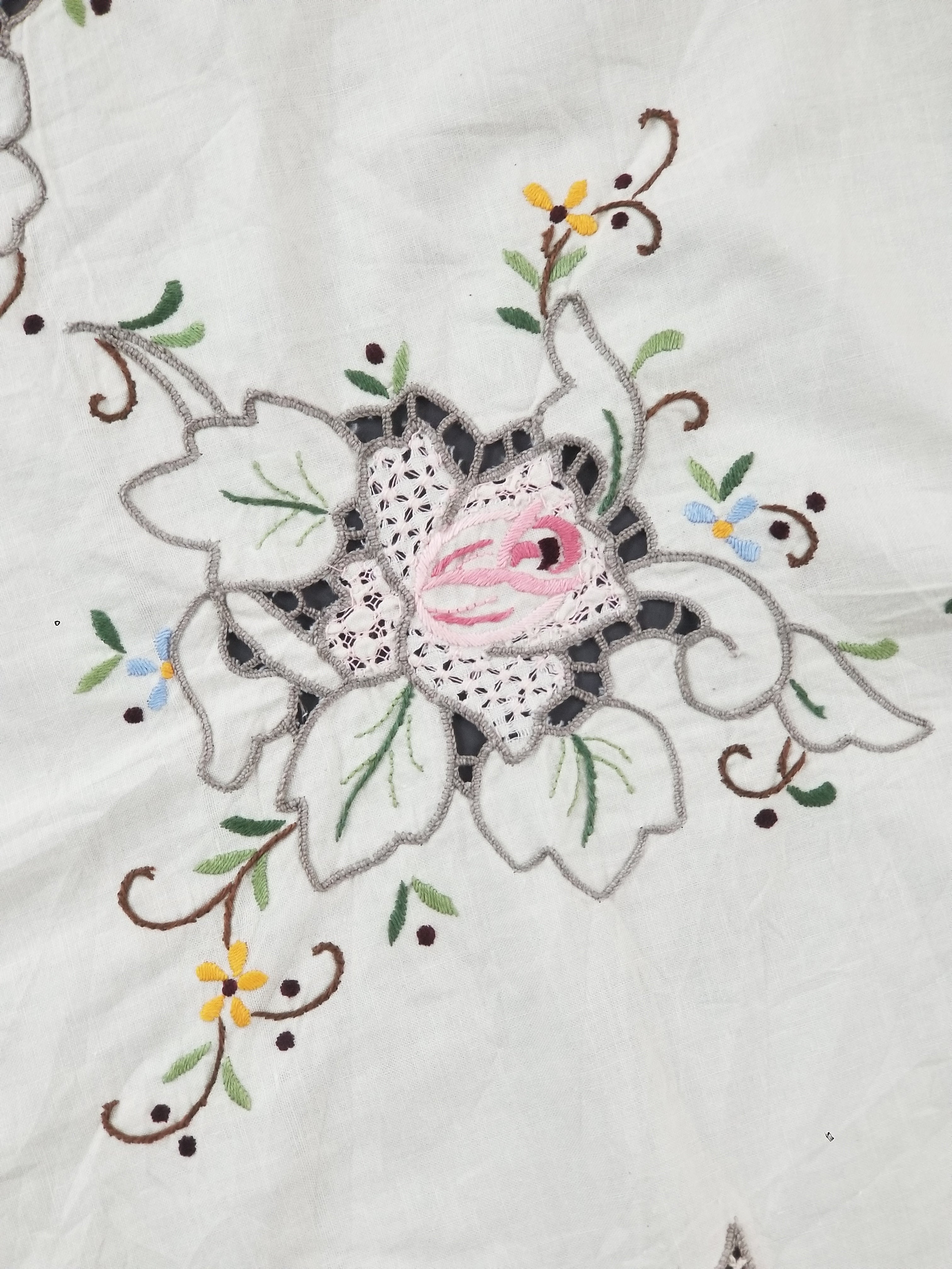 Antique Style Round Tablecloth - Hand Embroidery Roses & Crochet Details 164x158cm