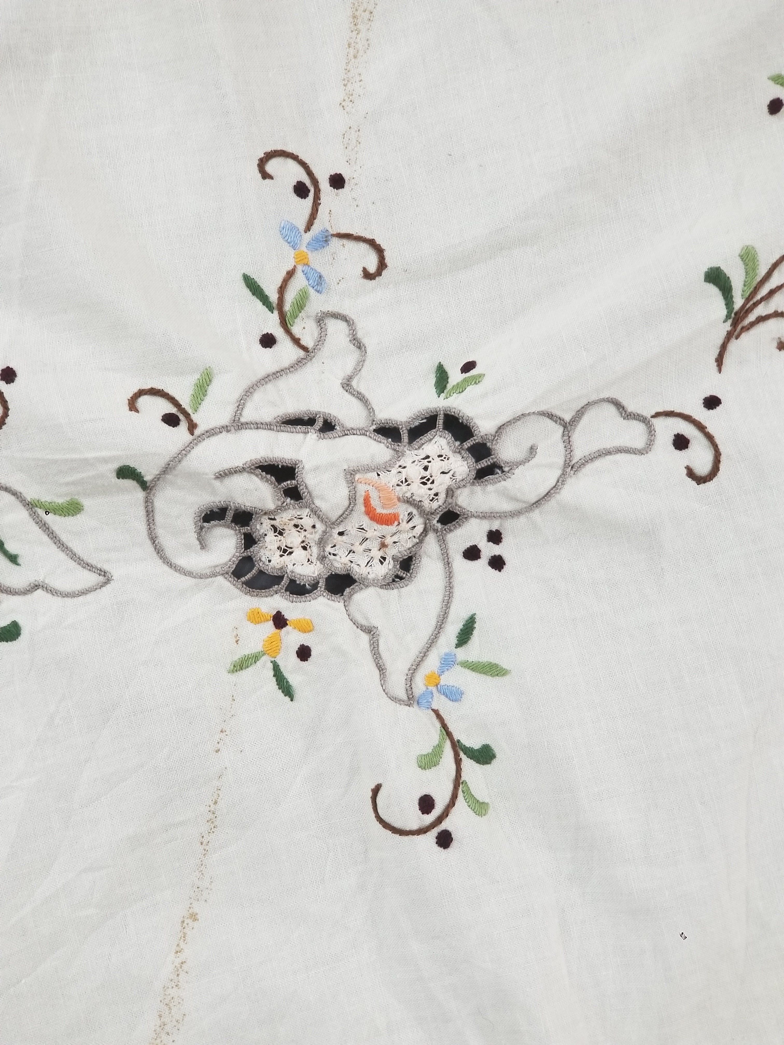 Antique Style Round Tablecloth - Hand Embroidery Roses & Crochet Details 164x158cm