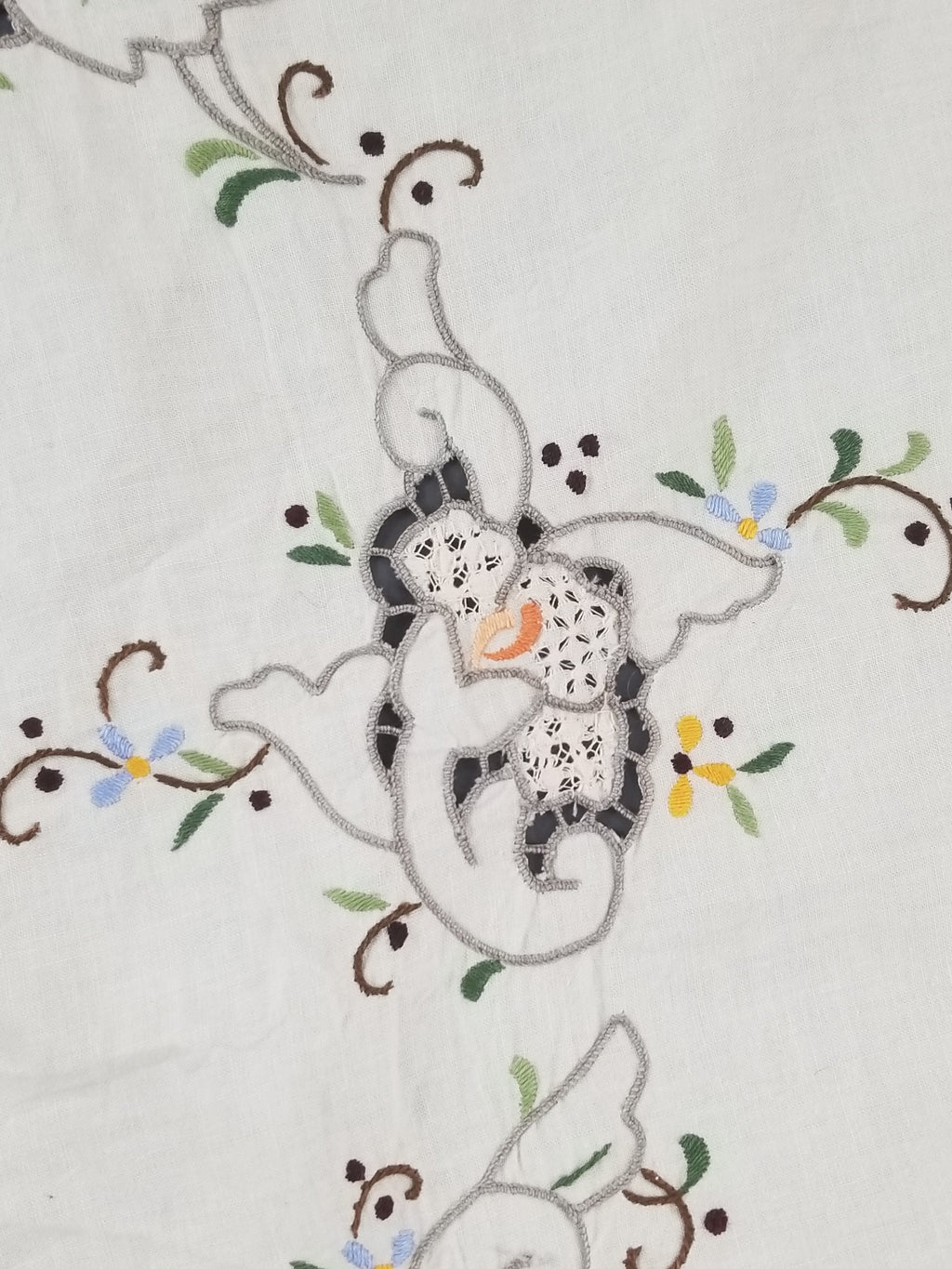 Antique Style Round Tablecloth - Hand Embroidery Roses & Crochet Details 164x158cm