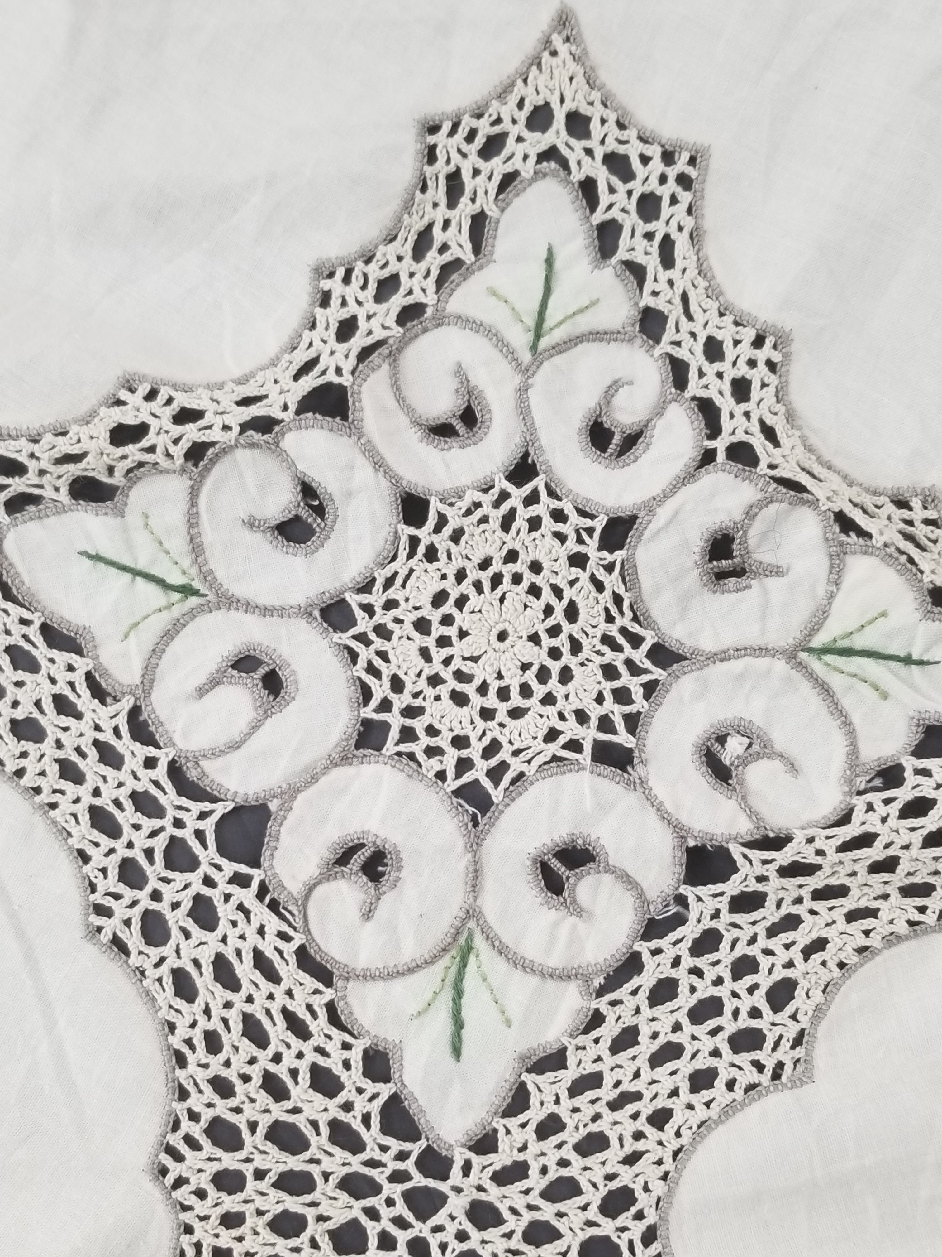 Antique Style Round Tablecloth - Hand Embroidery Roses & Crochet Details 164x158cm