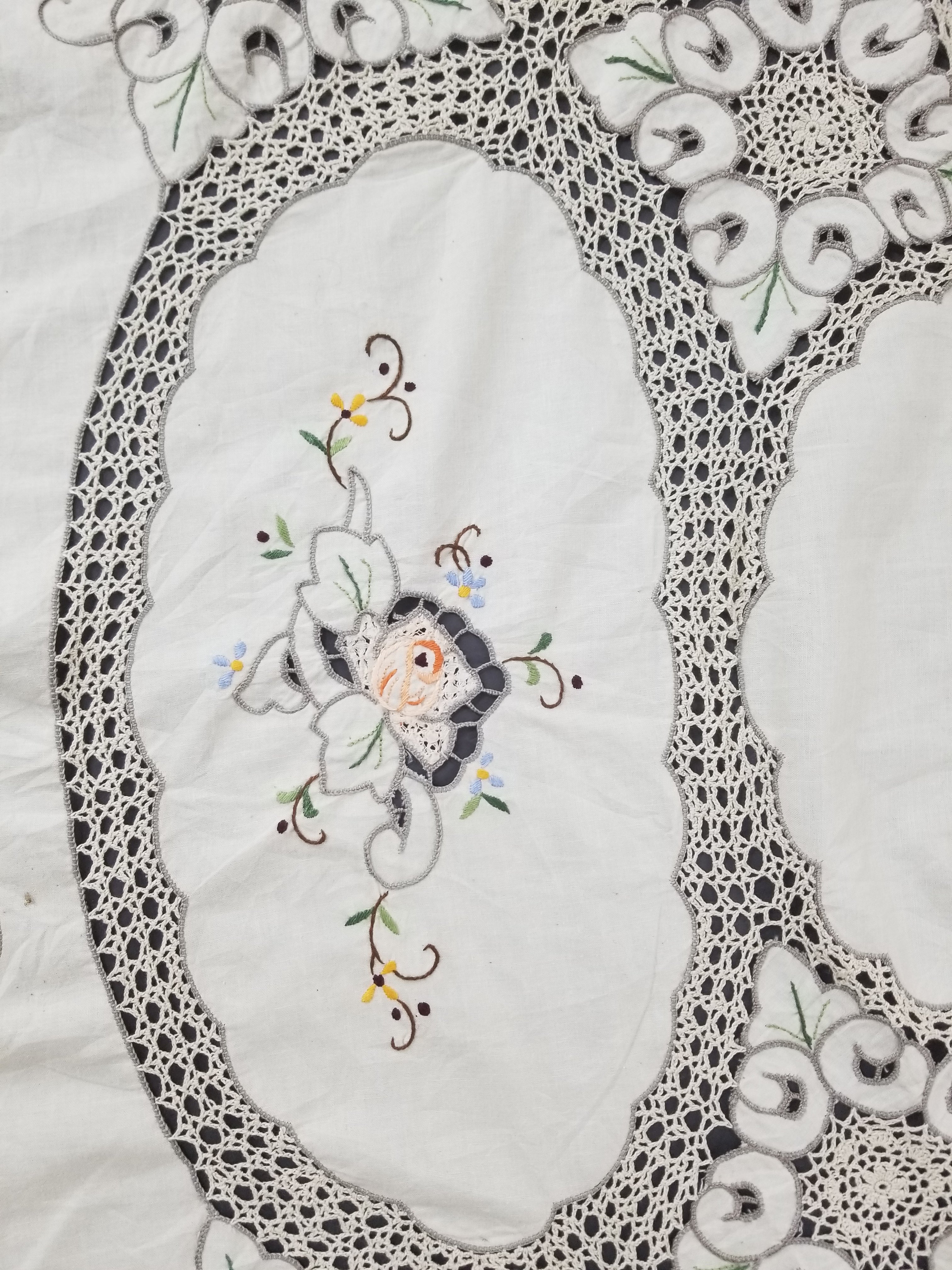 Antique Style Round Tablecloth - Hand Embroidery Roses & Crochet Details 164x158cm