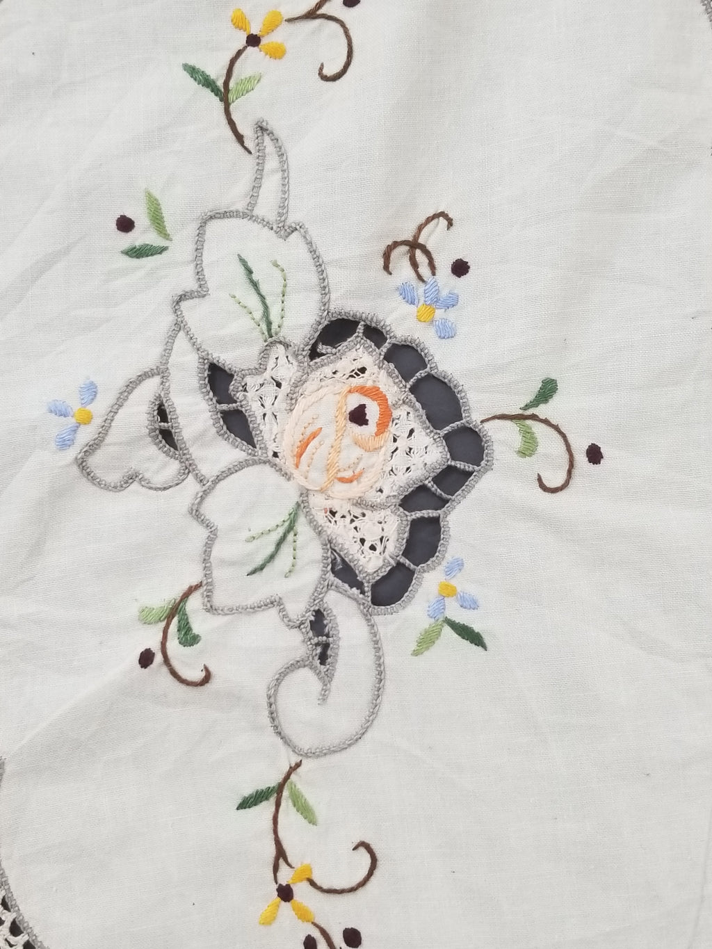 Antique Style Round Tablecloth - Hand Embroidery Roses & Crochet Details 164x158cm