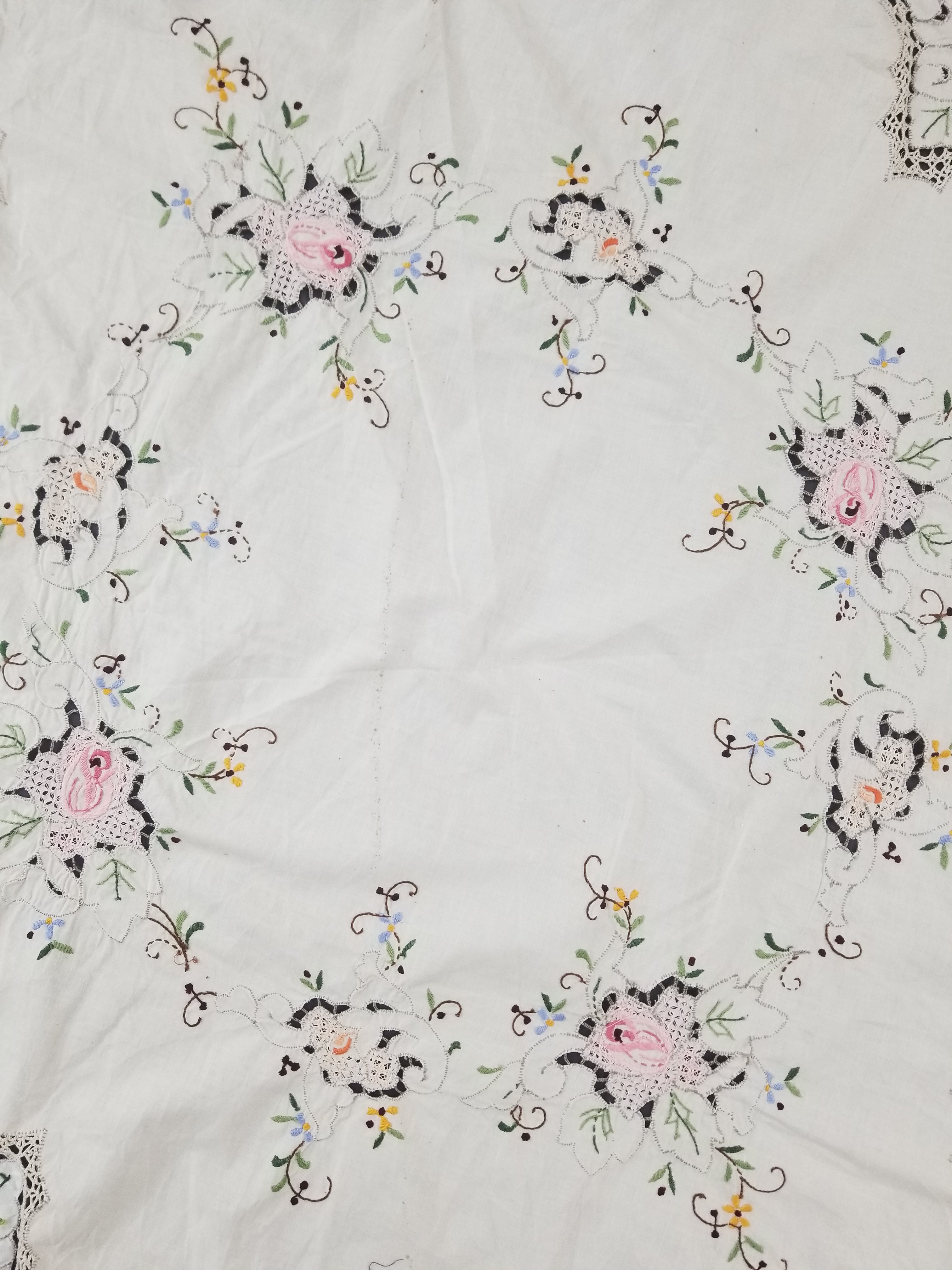 Antique Style Round Tablecloth - Hand Embroidery Roses & Crochet Details 164x158cm