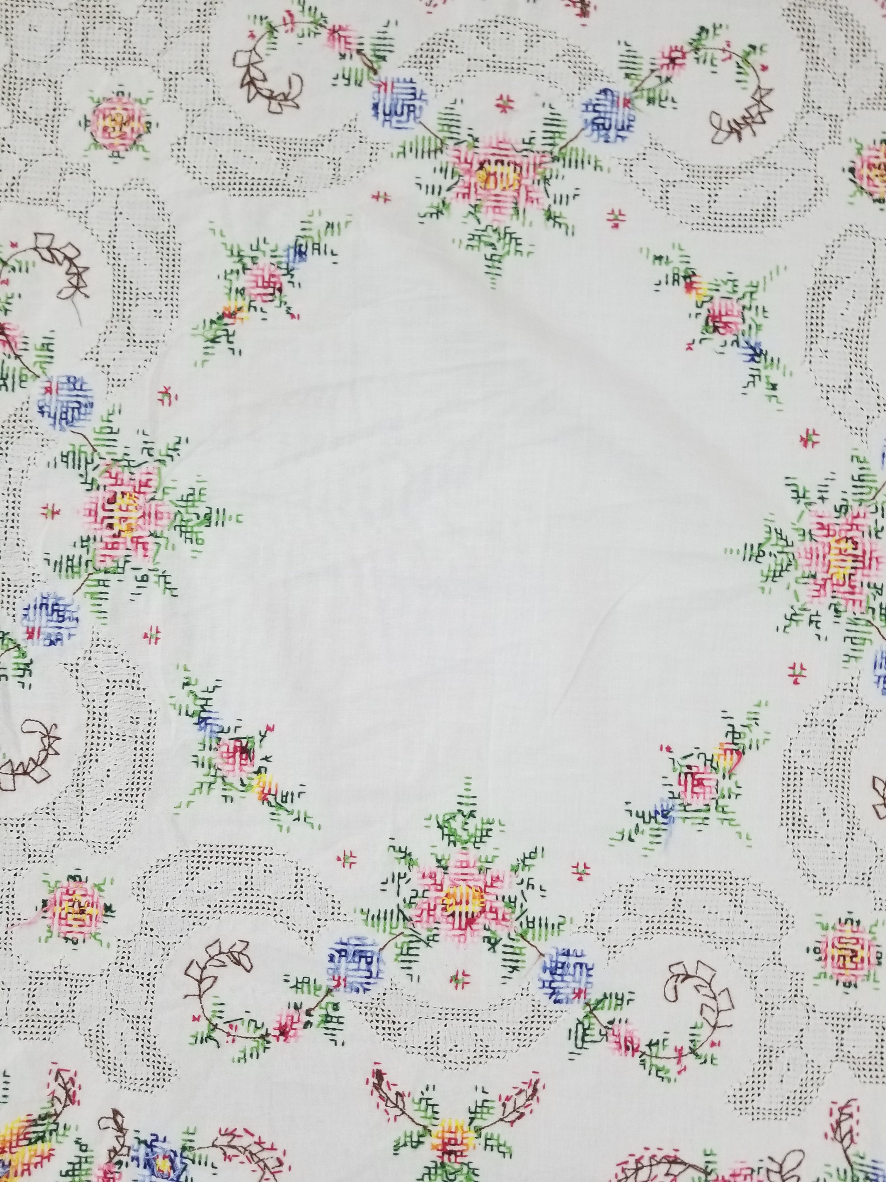 Vintage Beautiful Cross Stitch Hand Embroidered Floral Tablecloth 124x121cm