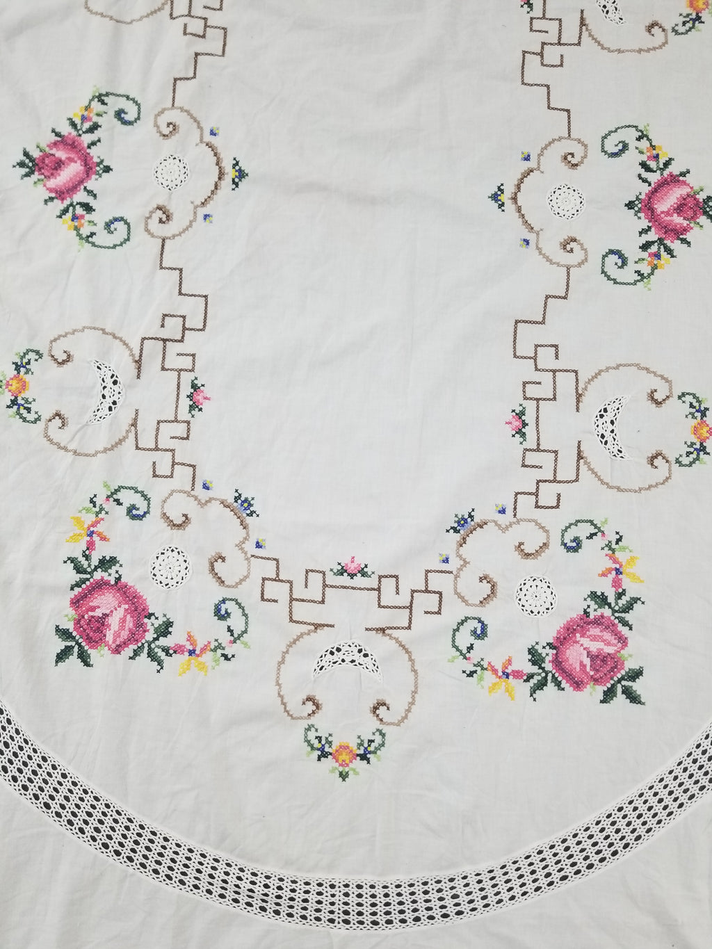 Vintage Cross Stitch Hand Embroidered Floral Scalloped Edges Tablecloth 250x168cm