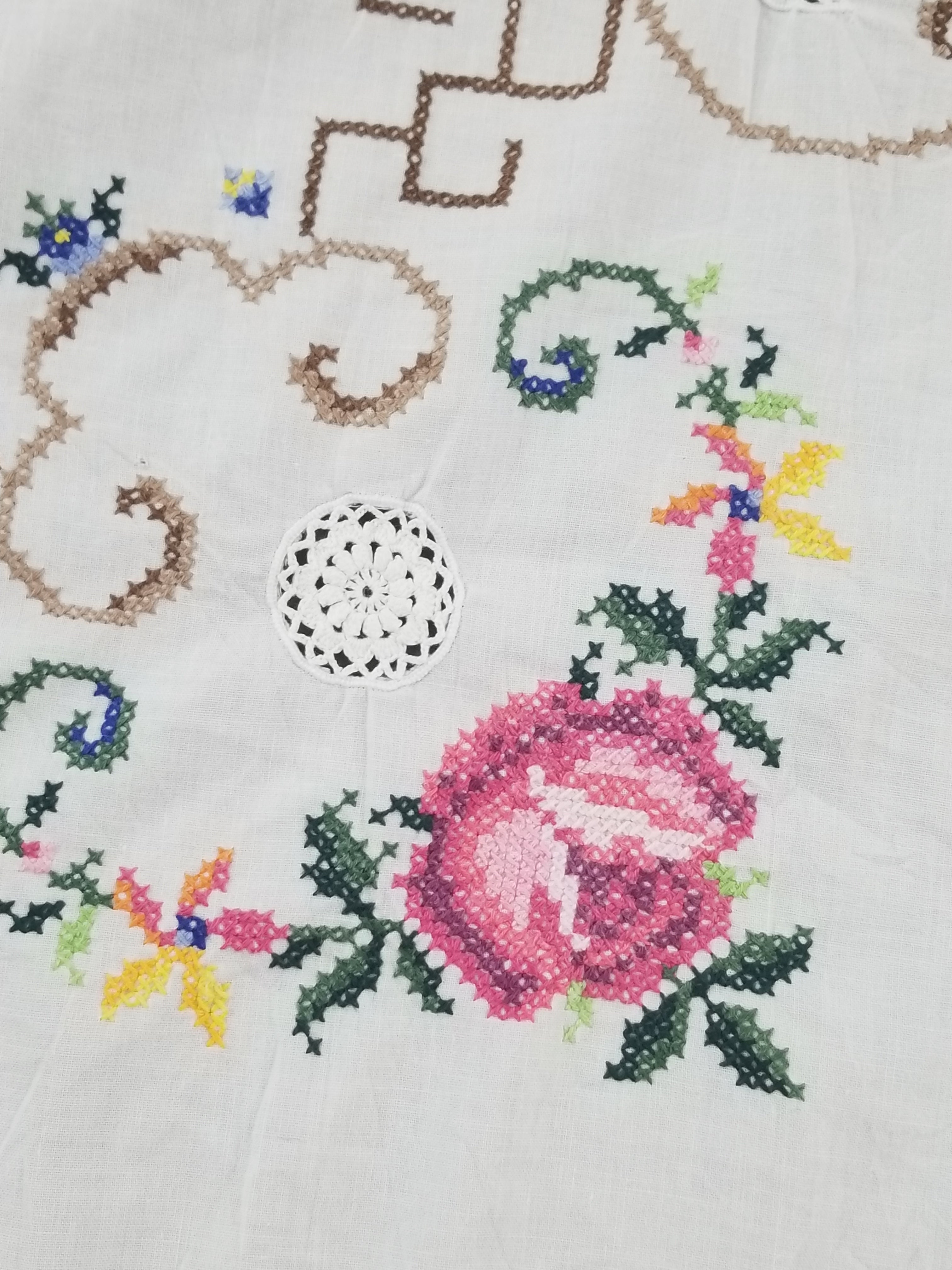 Vintage Cross Stitch Hand Embroidered Floral Scalloped Edges Tablecloth 250x168cm