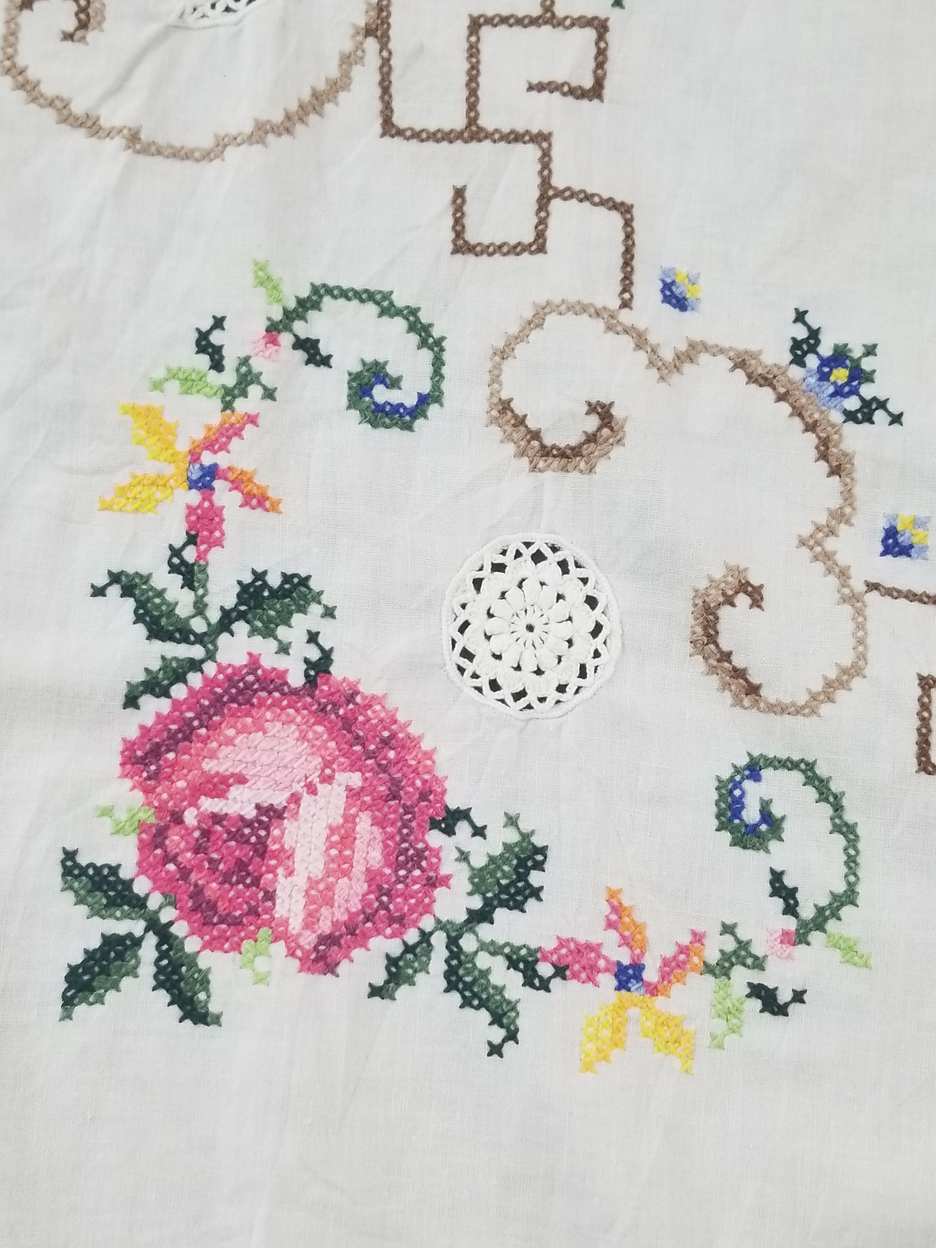 Vintage Cross Stitch Hand Embroidered Floral Scalloped Edges Tablecloth 250x168cm