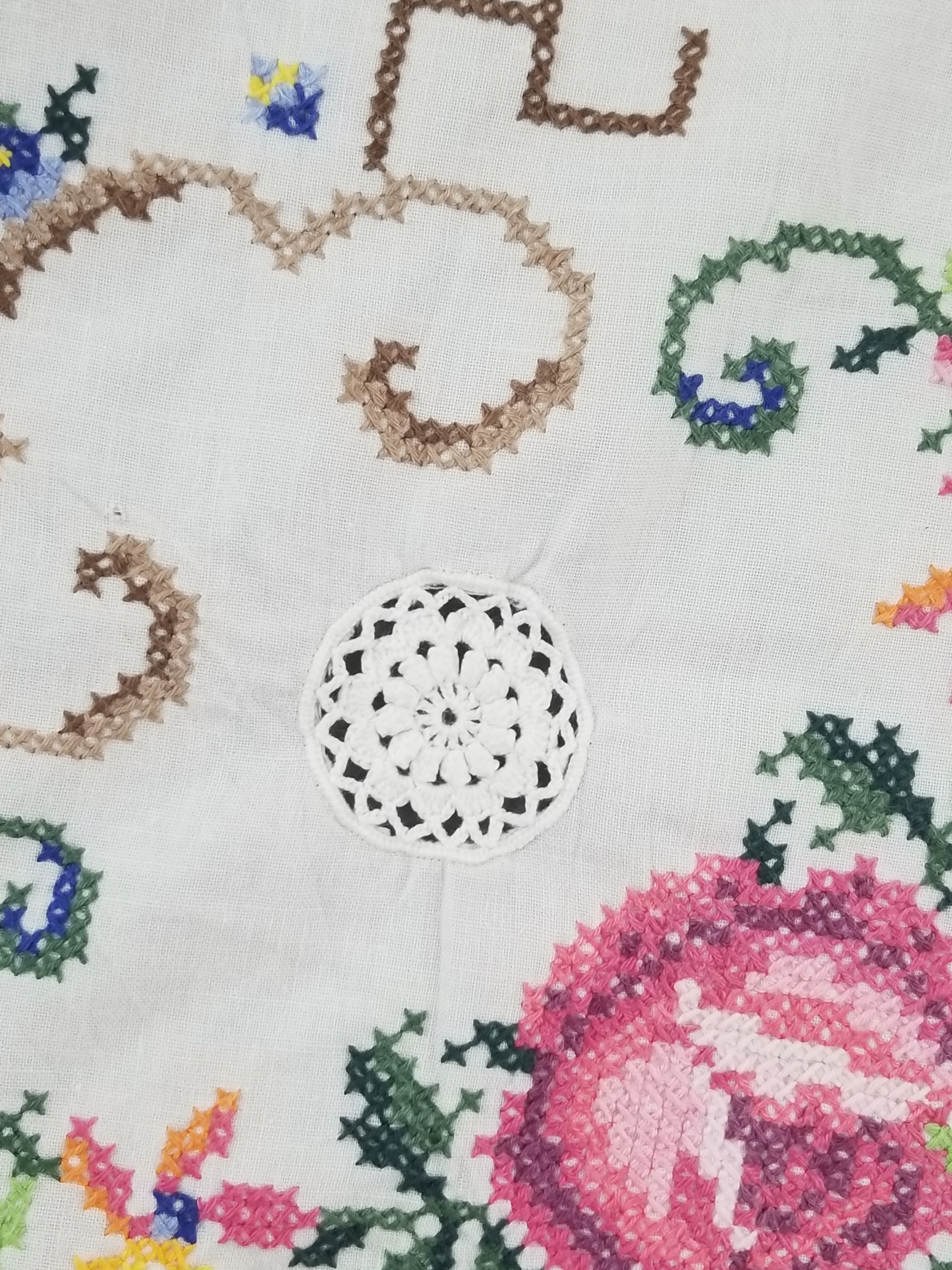 Vintage Cross Stitch Hand Embroidered Floral Scalloped Edges Tablecloth 250x168cm