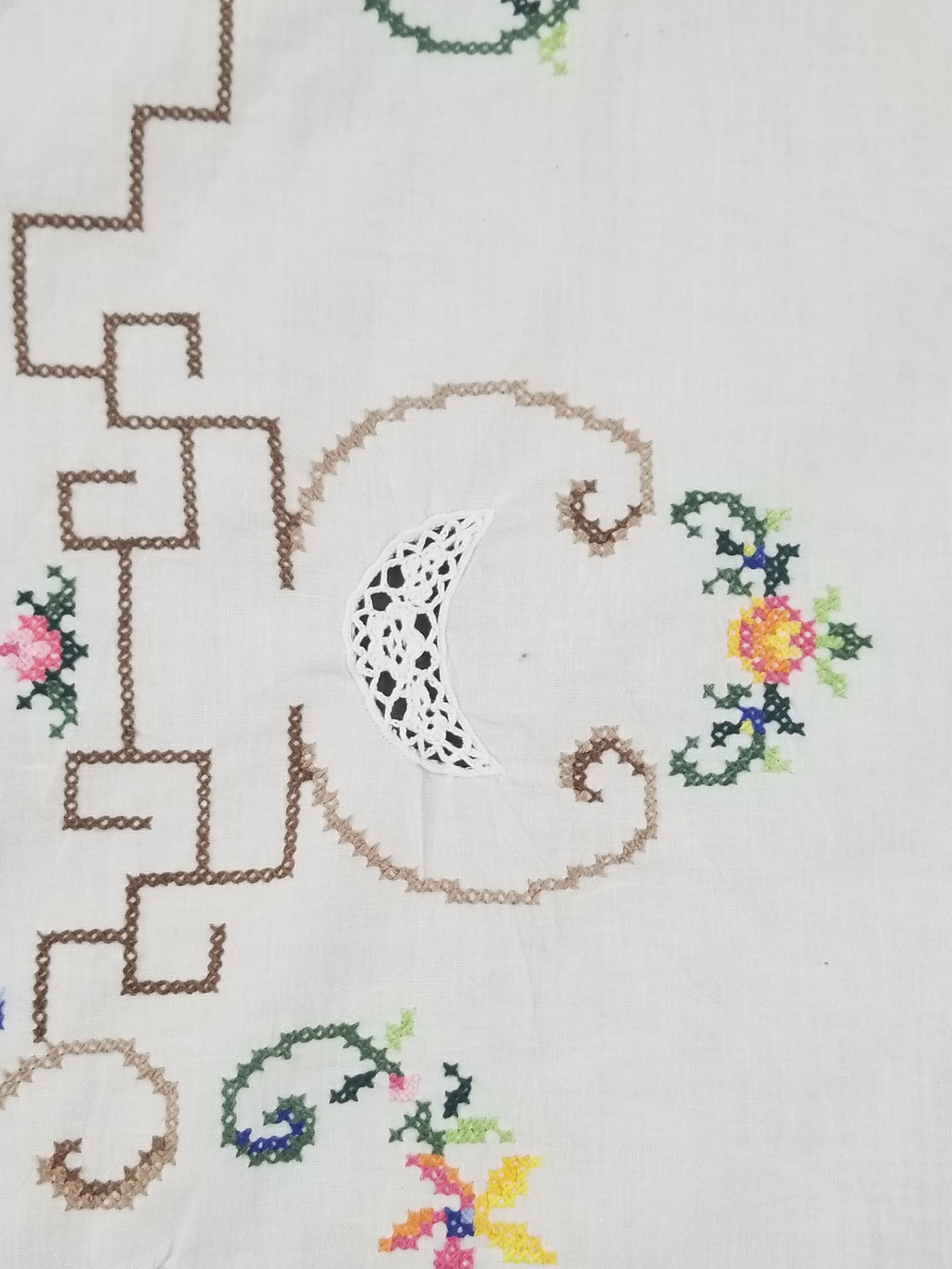 Vintage Cross Stitch Hand Embroidered Floral Scalloped Edges Tablecloth 250x168cm