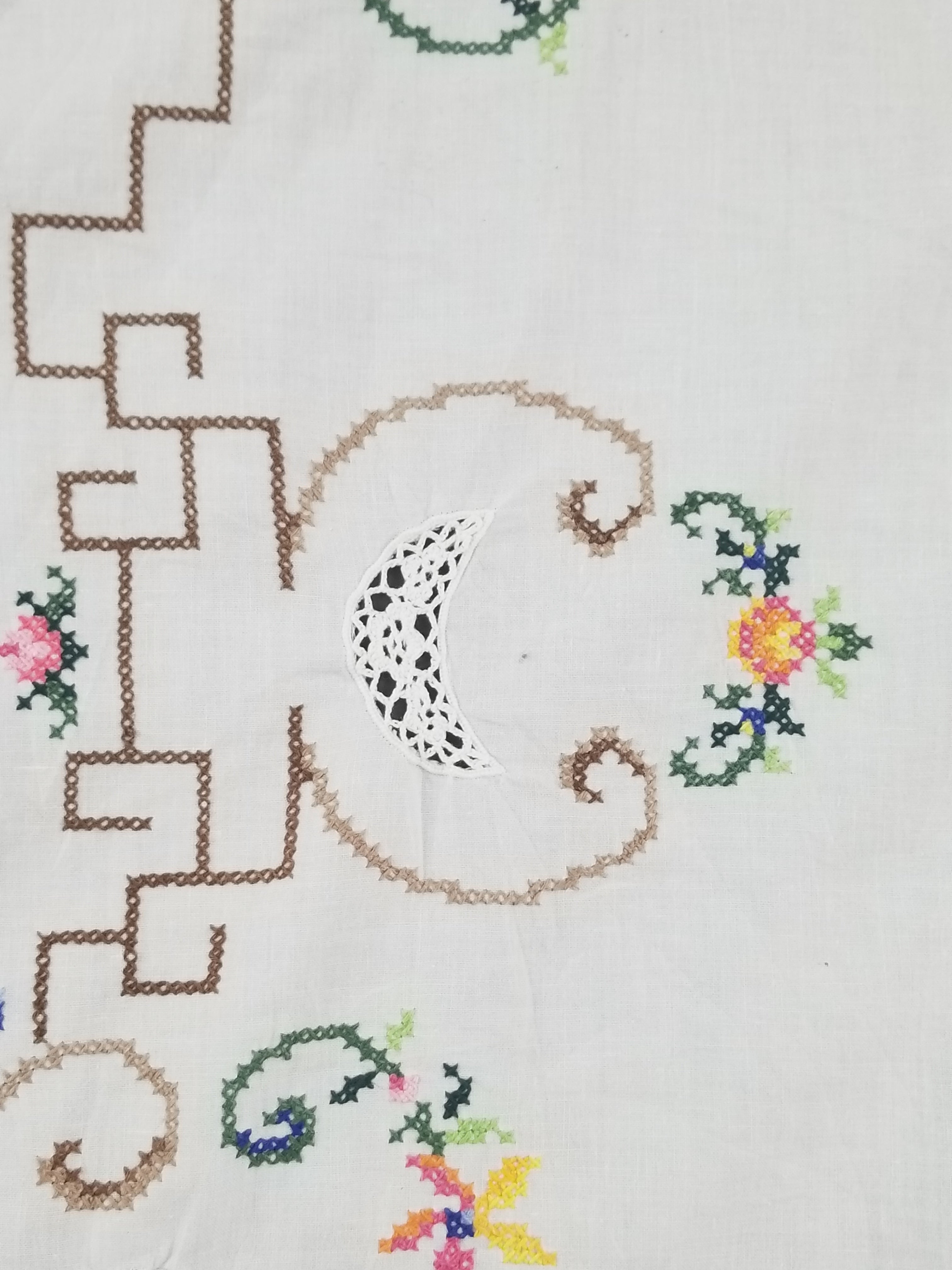 Vintage Cross Stitch Hand Embroidered Floral Scalloped Edges Tablecloth 250x168cm