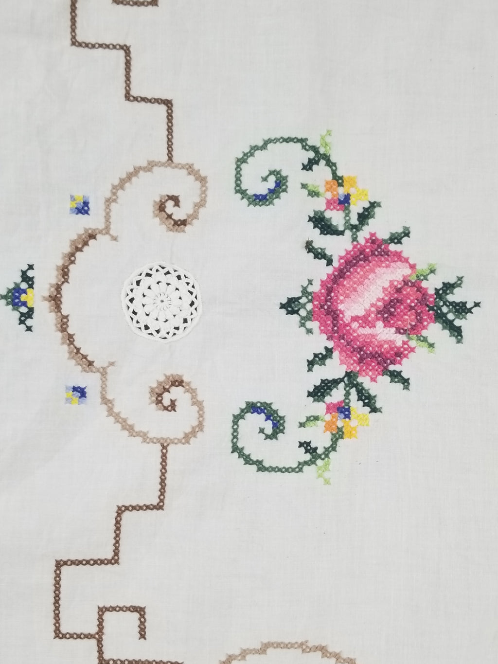 Vintage Cross Stitch Hand Embroidered Floral Scalloped Edges Tablecloth 250x168cm