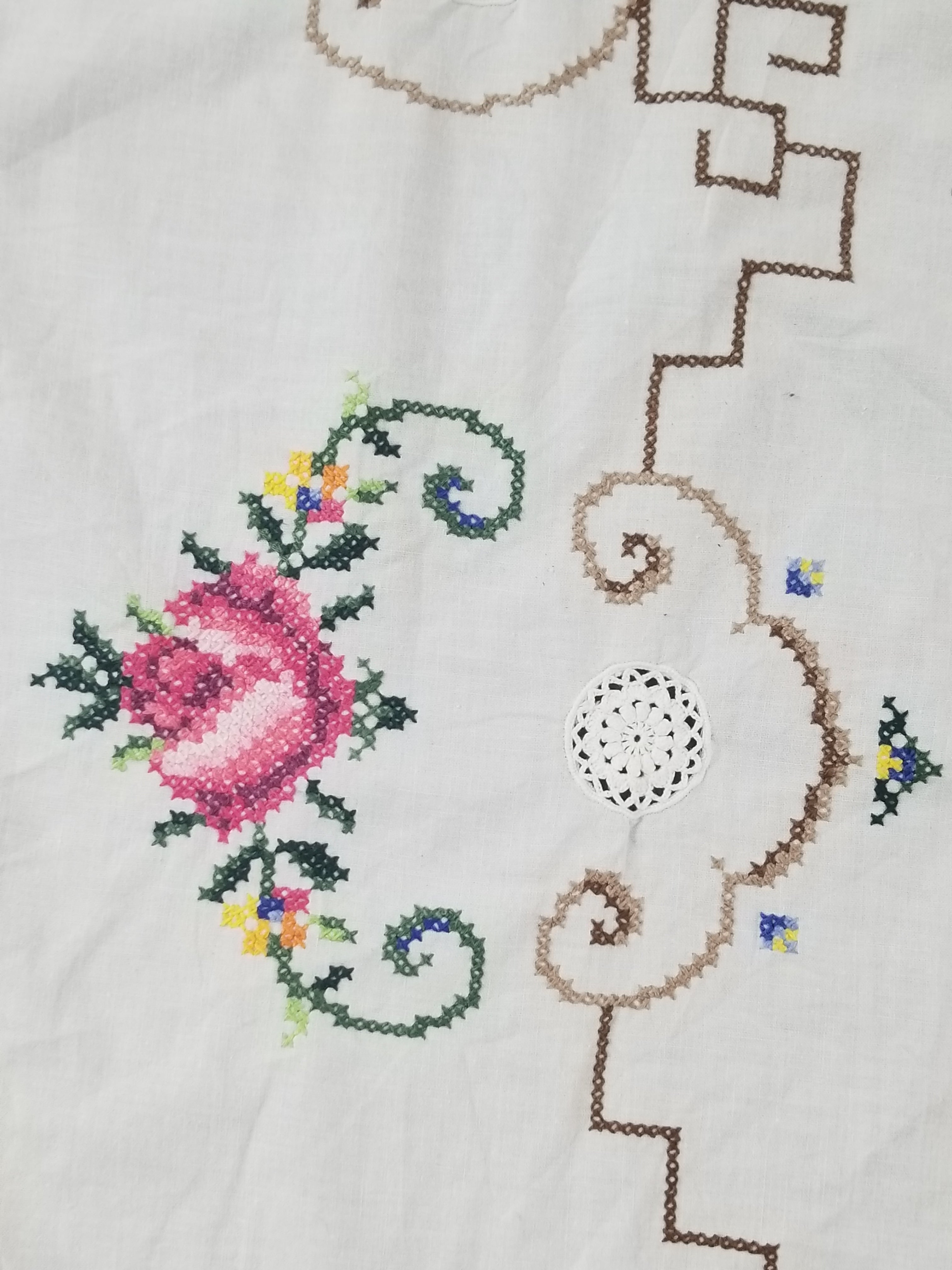 Vintage Cross Stitch Hand Embroidered Floral Scalloped Edges Tablecloth 250x168cm