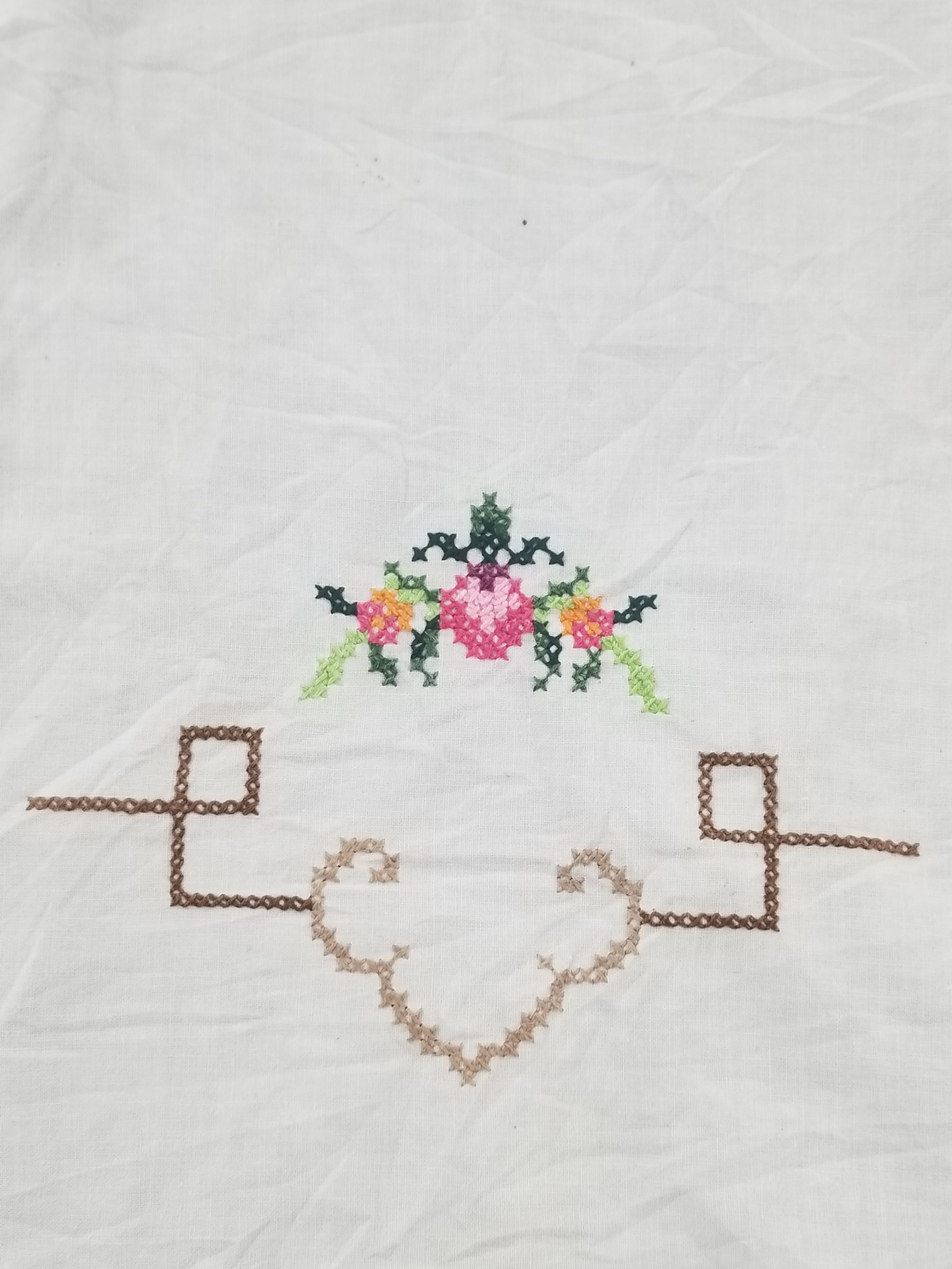 Vintage Cross Stitch Hand Embroidered Floral Scalloped Edges Tablecloth 250x168cm