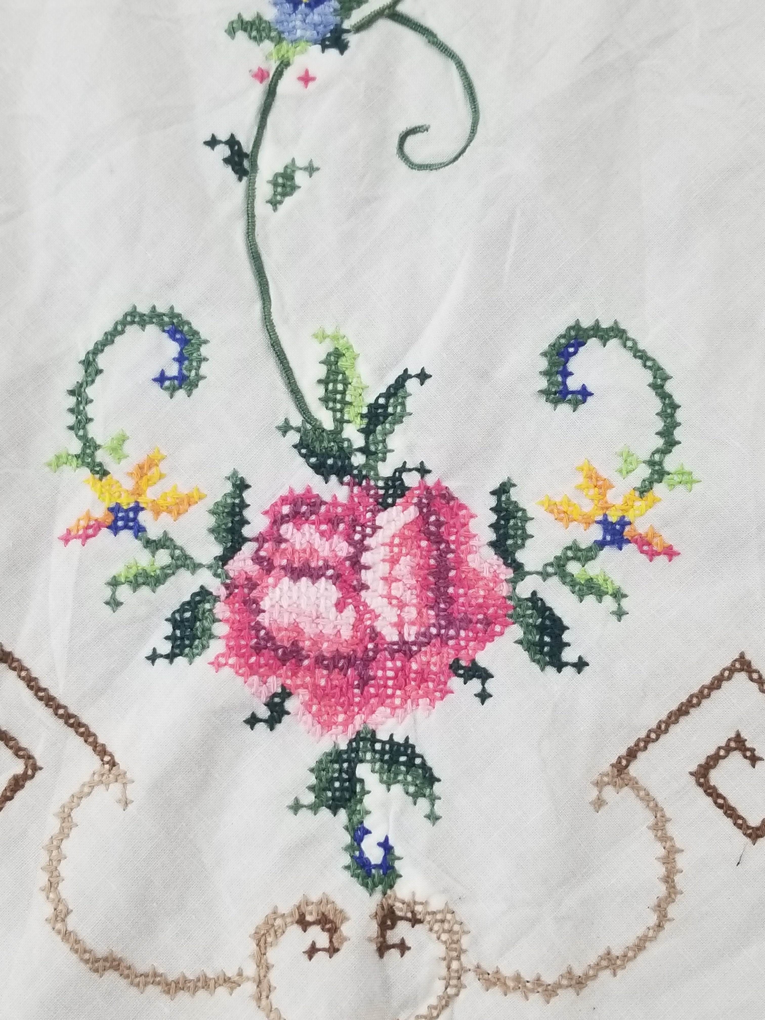 Vintage Cross Stitch Hand Embroidered Floral Scalloped Edges Tablecloth 250x168cm