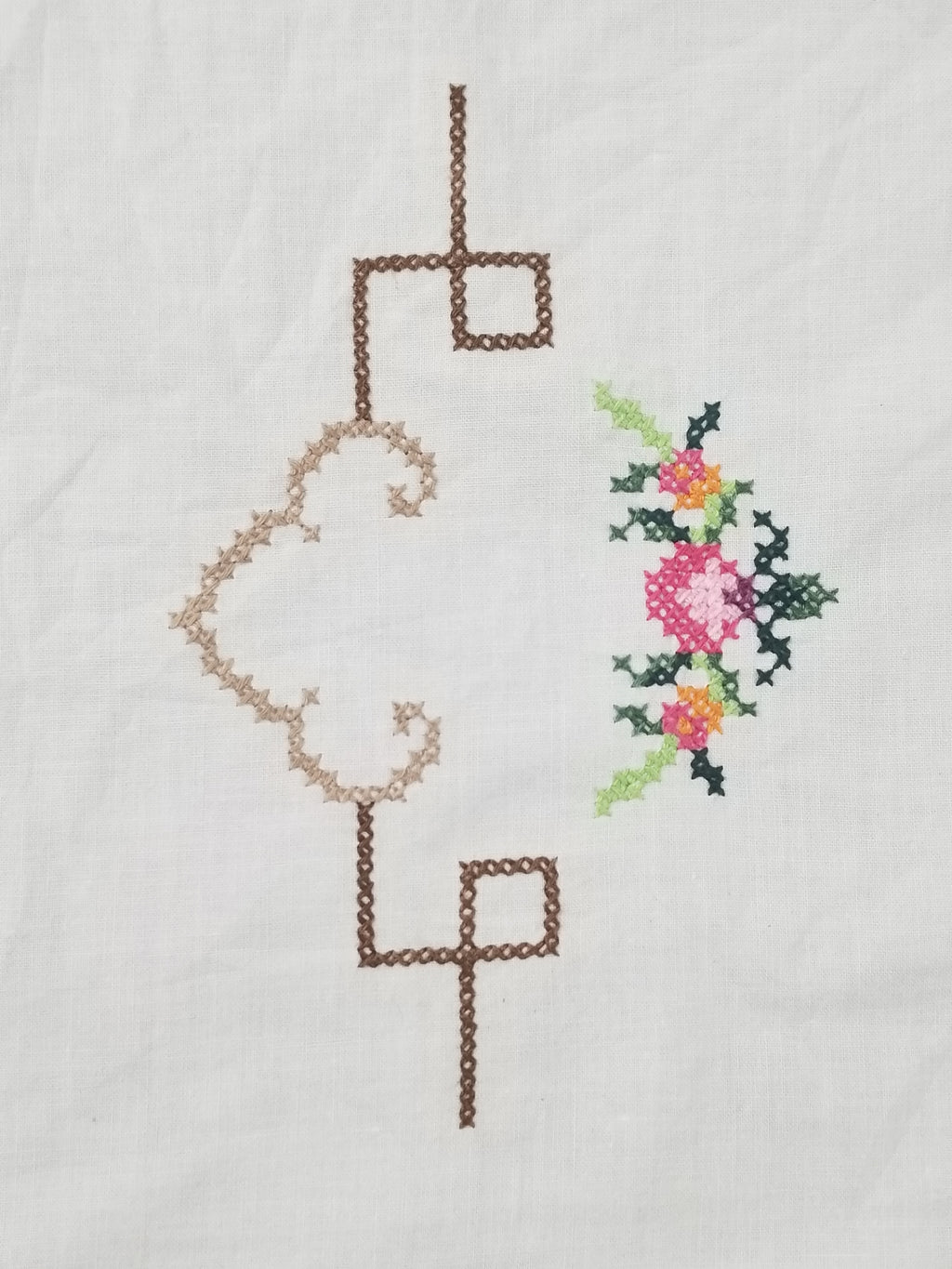 Vintage Cross Stitch Hand Embroidered Floral Scalloped Edges Tablecloth 250x168cm