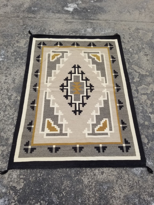 Antique Navajo Handwoven Native American Two Grey Hills Wool Rug 46x34in
