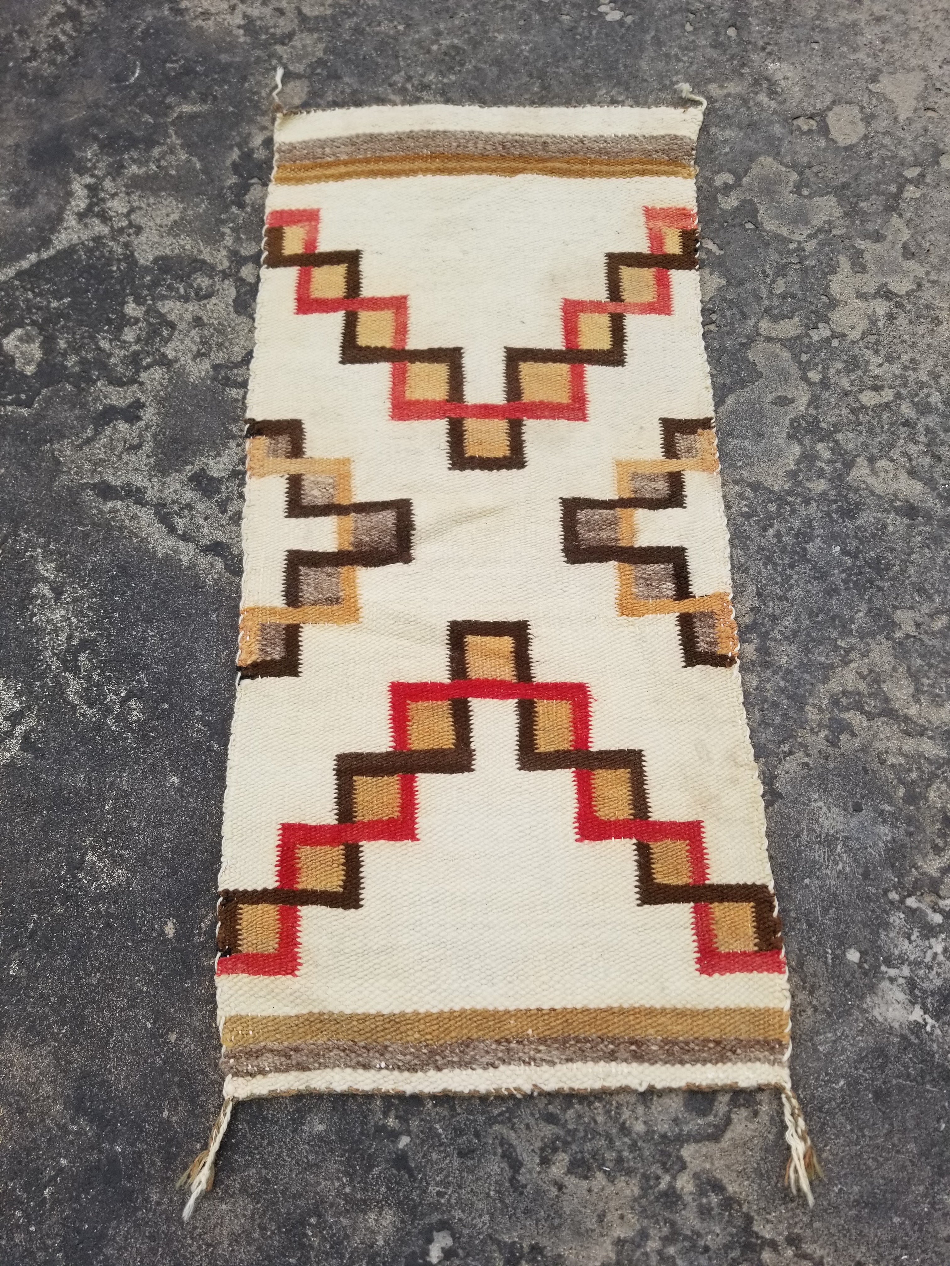 Antique Navajo Handwoven Native American Geometric Pattern Wool Rug 32x14in