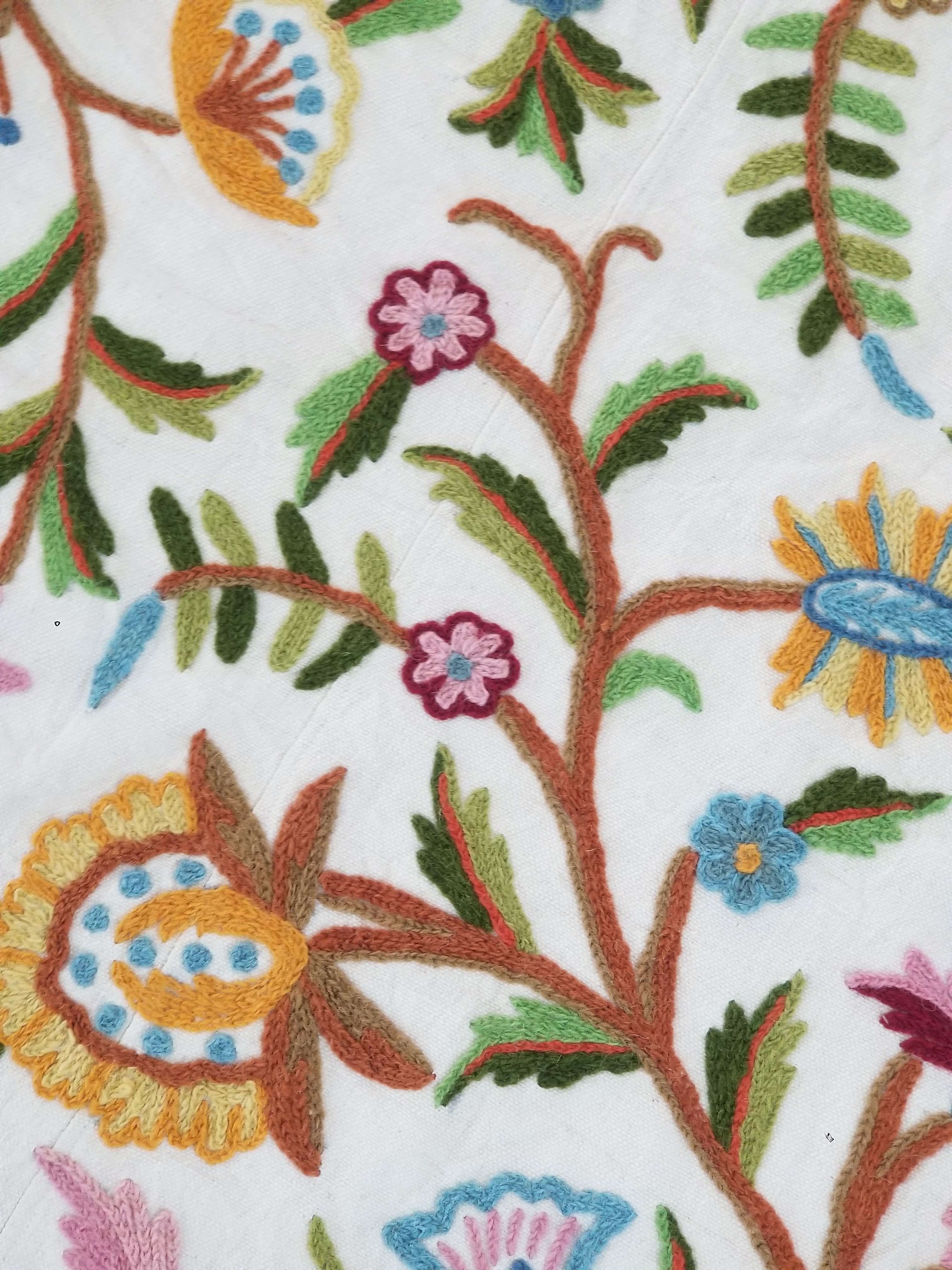 Vintage Indian Kashmiri Crewel Work Hand Embroidered Floral Bedspread 293x268cm