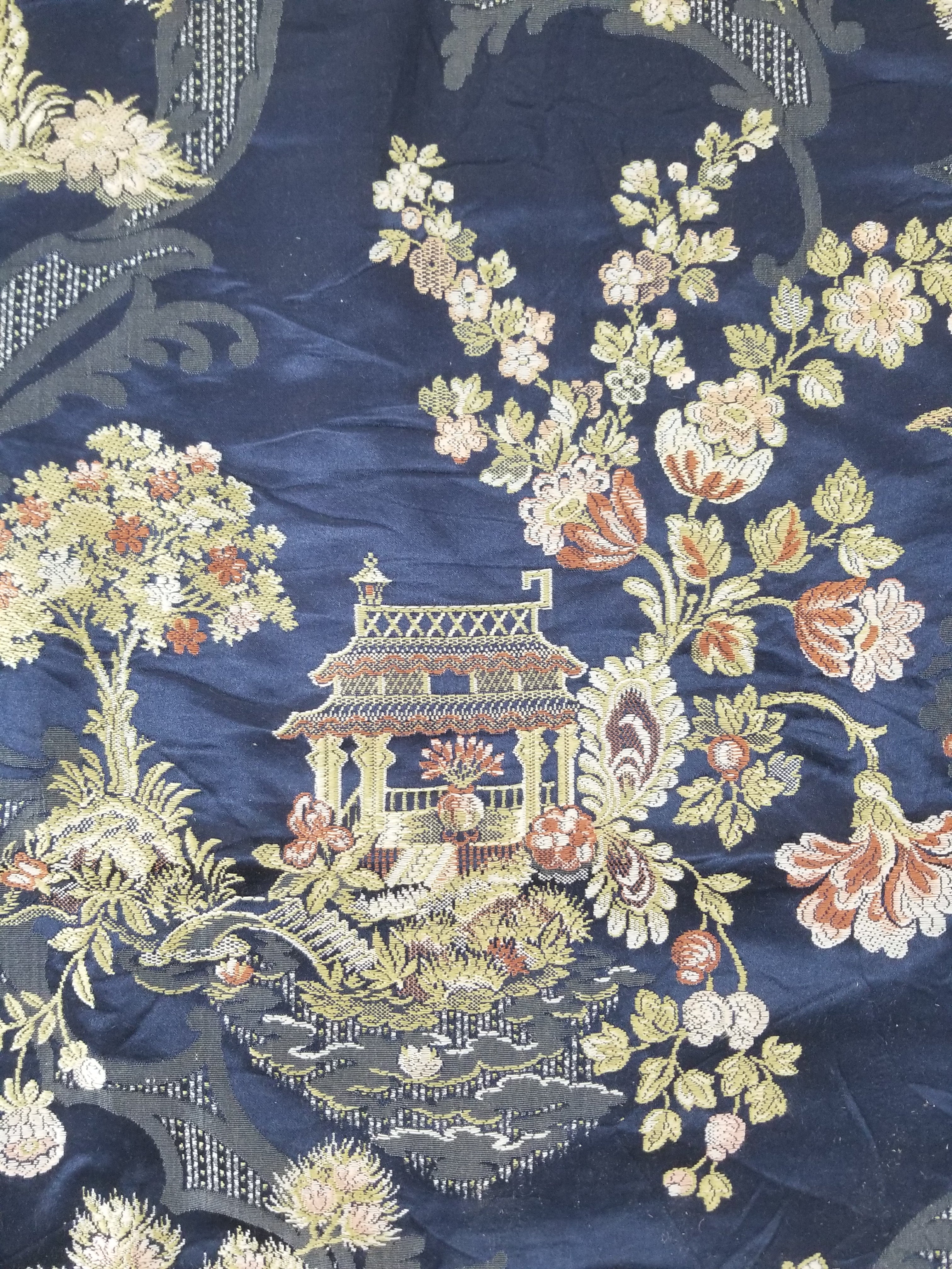 Antique French Pagodas & Floral Brocade Textile Panel 79x63cm