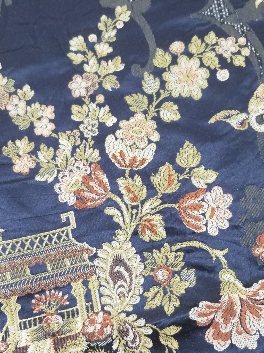 Antique French Pagodas & Floral Brocade Textile Panel 79x63cm