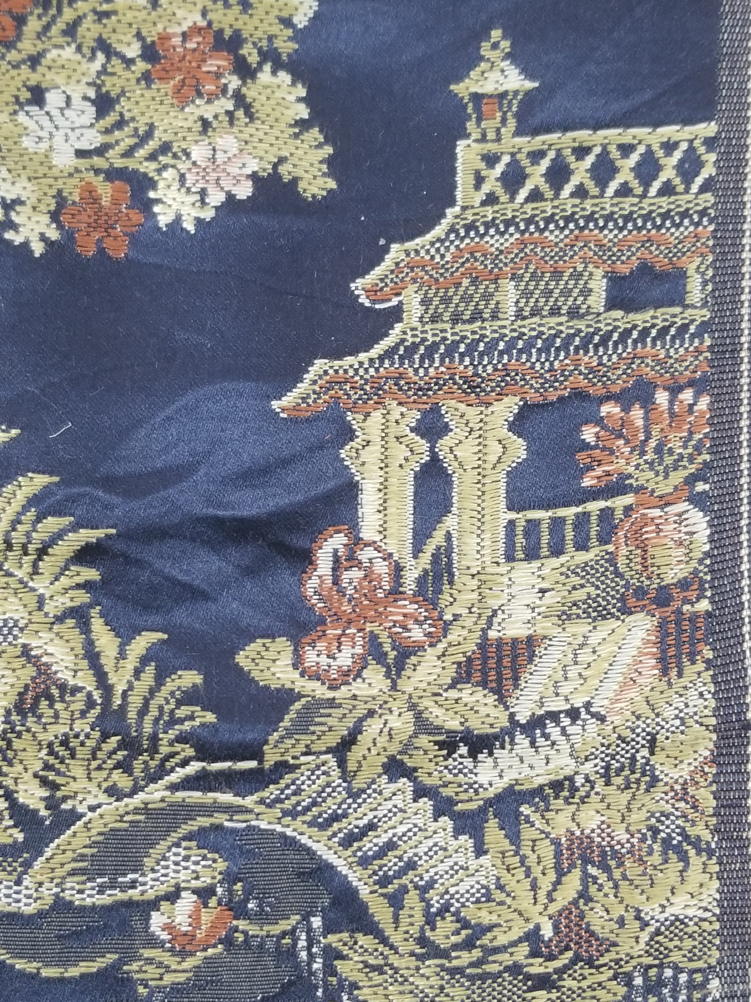 Antique French Pagodas & Floral Brocade Textile Panel 79x63cm