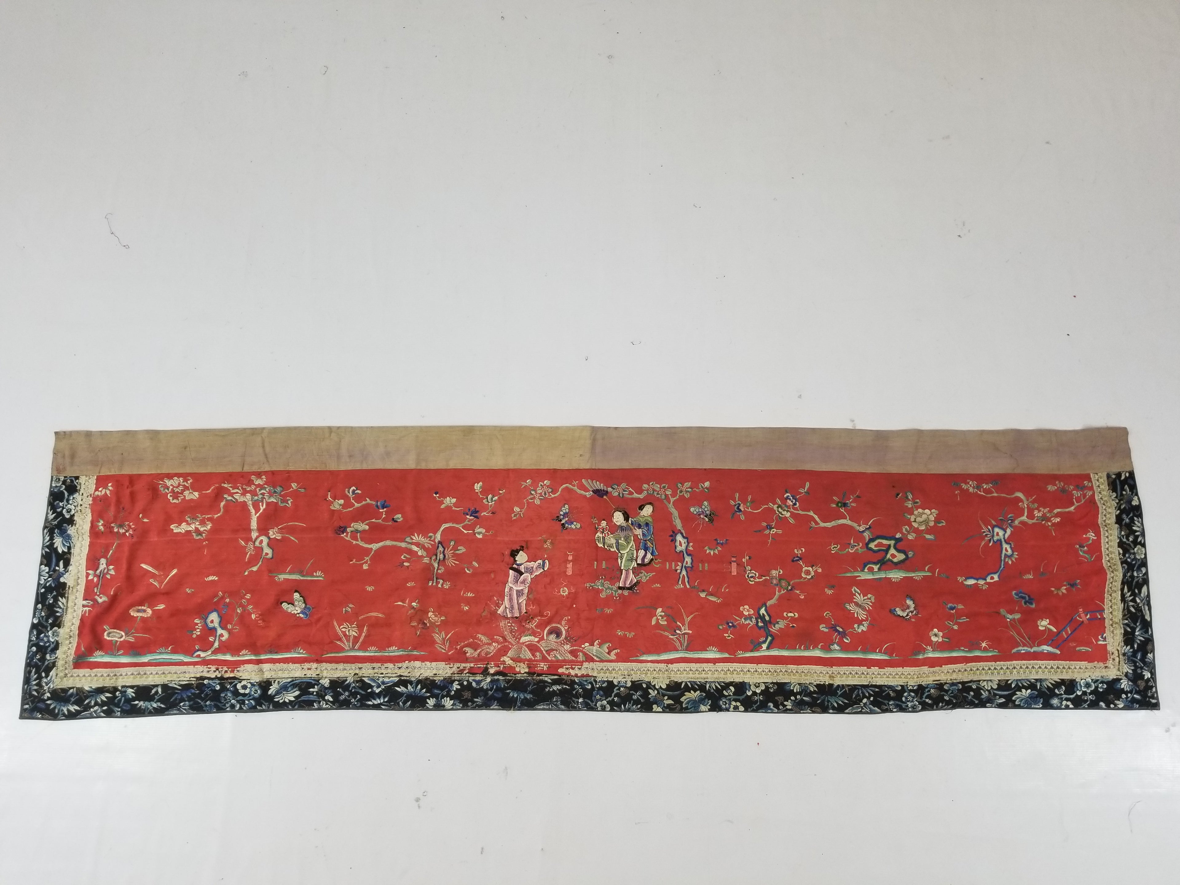 Antique Chinese Garden Scene with Figures Hand Embroidered Altar Cloth 191x49cm