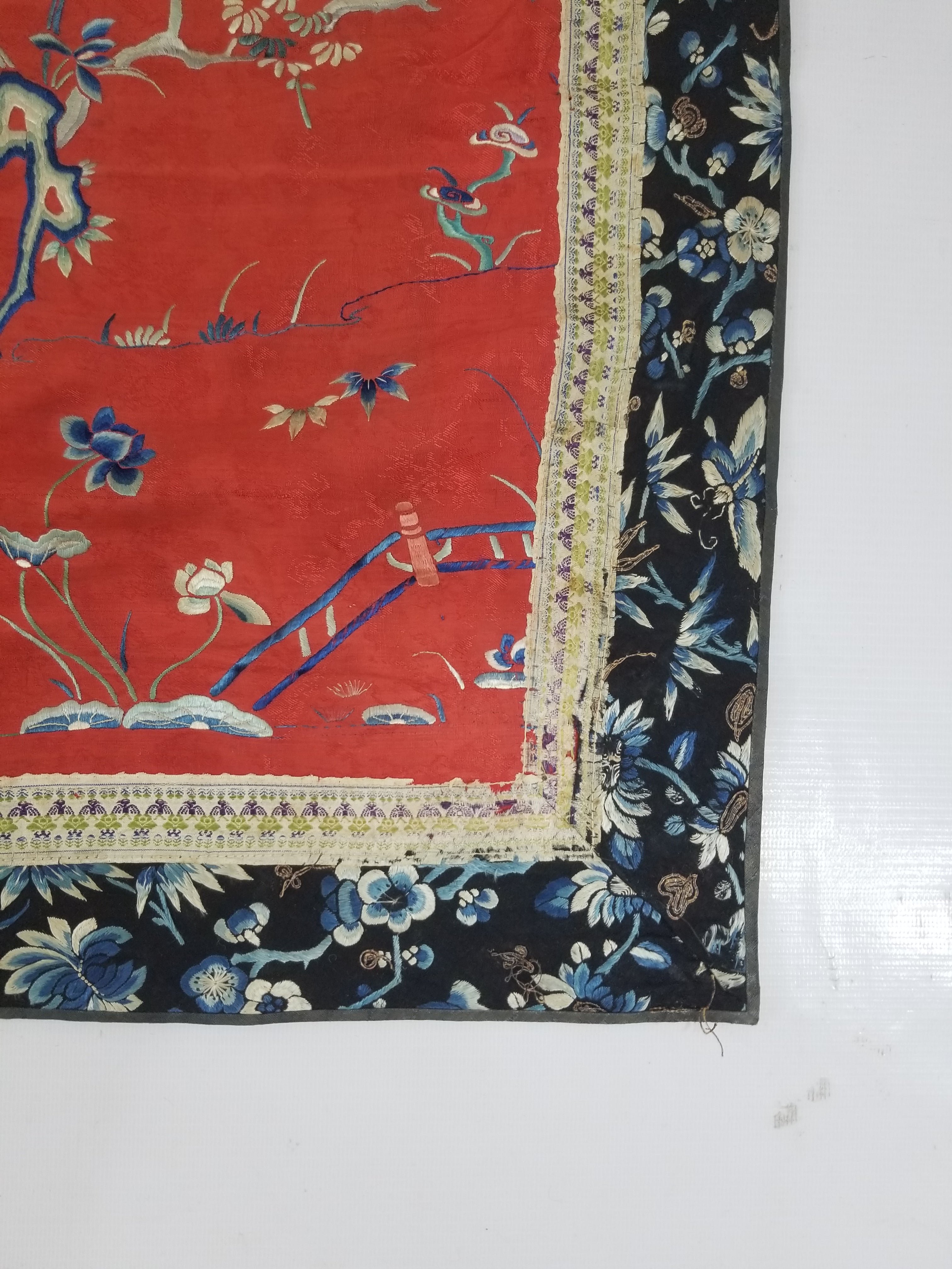 Antique Chinese Garden Scene with Figures Hand Embroidered Altar Cloth 191x49cm