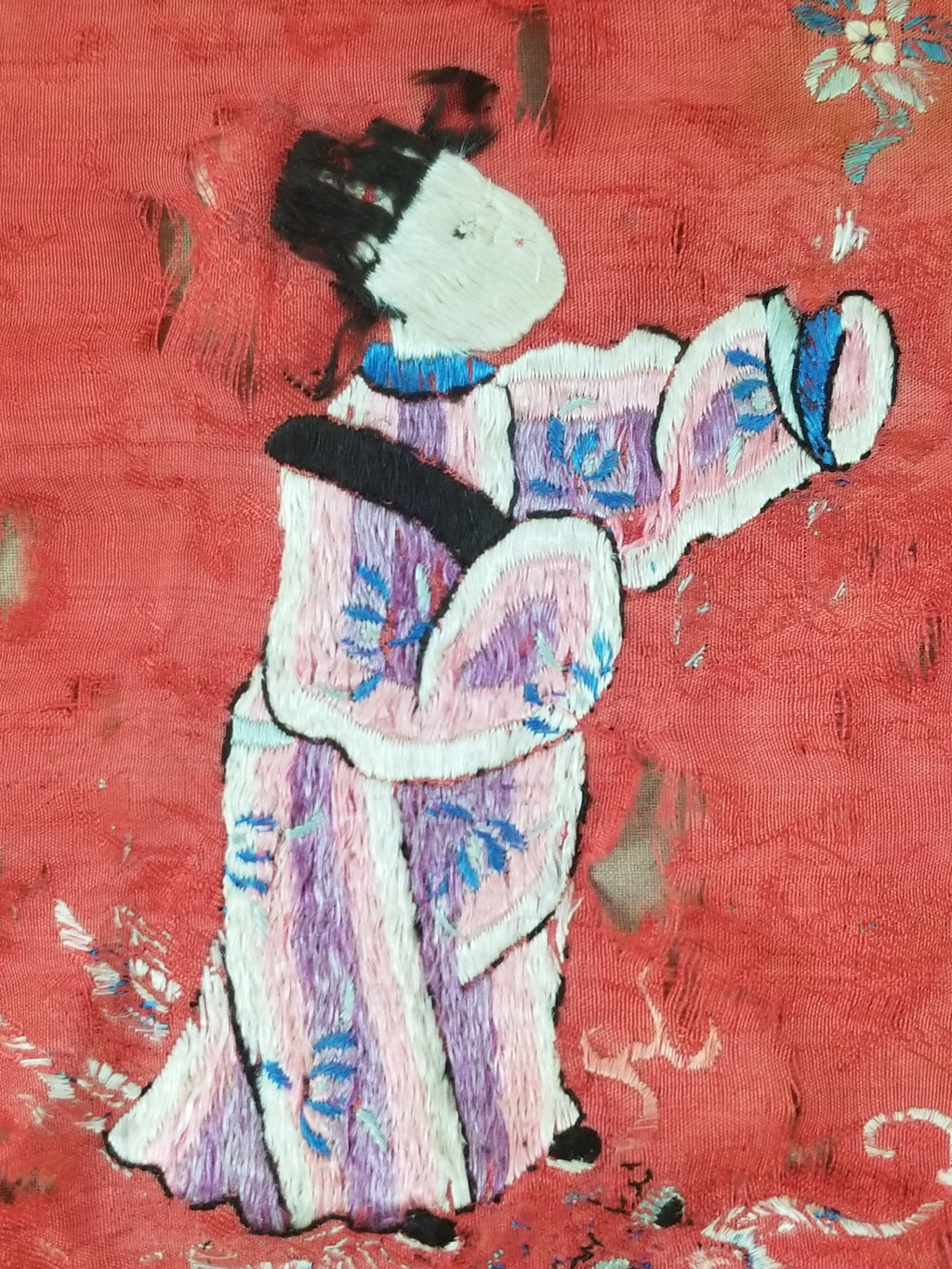 Antique Chinese Garden Scene with Figures Hand Embroidered Altar Cloth 191x49cm