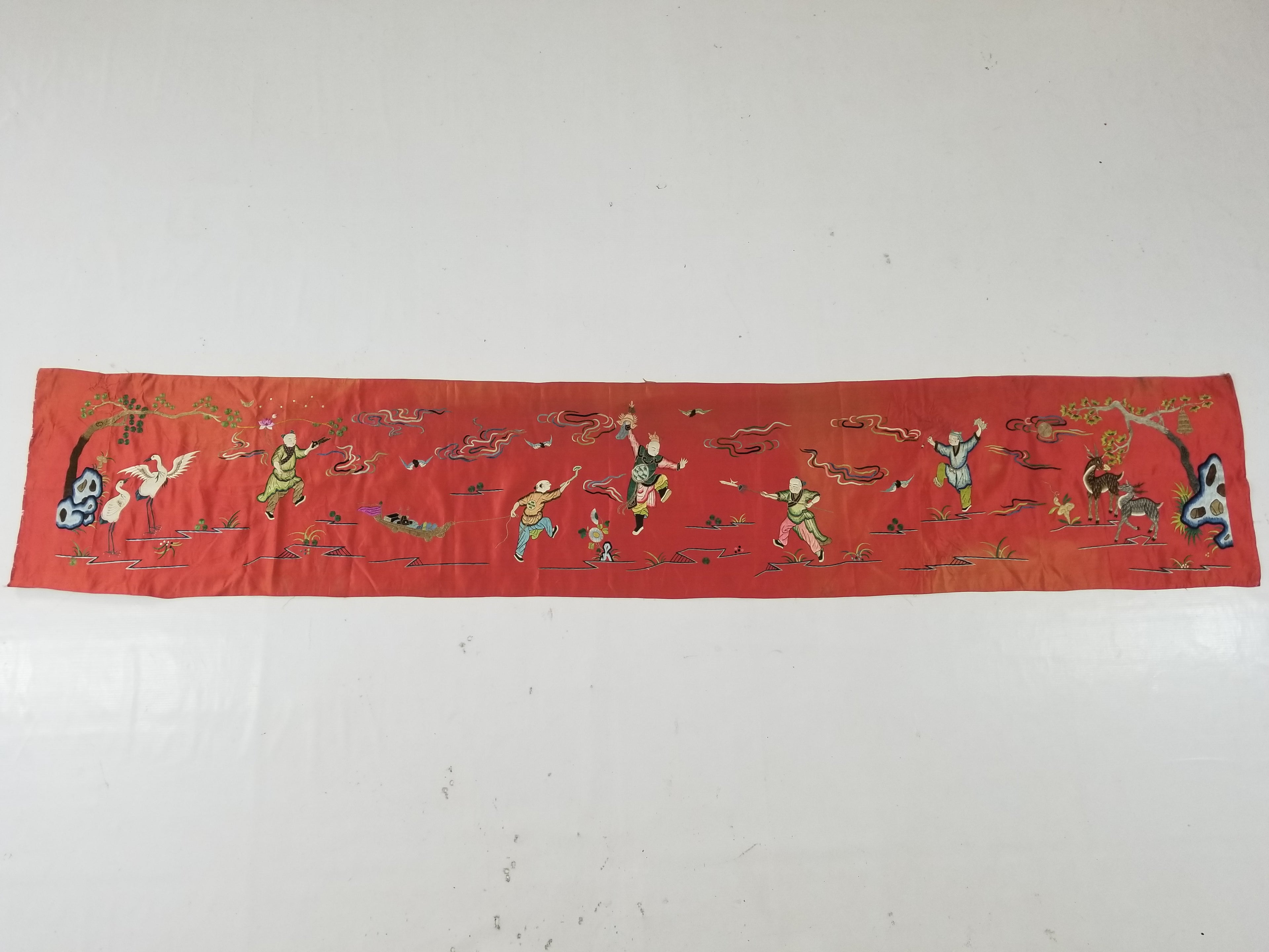 Antique Chinese Gathering of Immortals Hand Embroidered Panel (Qing Era) 203x37c